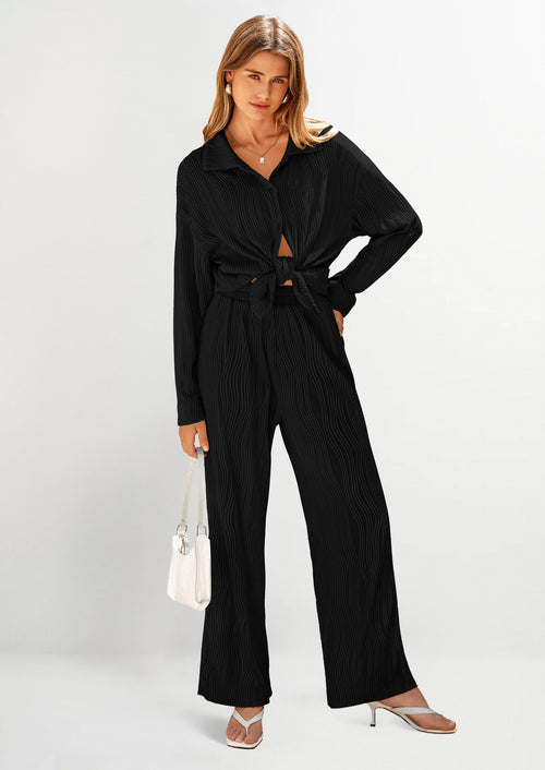 2 Piece Textured Sets Casual Button Down Shirt Wide Leg Pants Outfit Loungewear Tracksuit