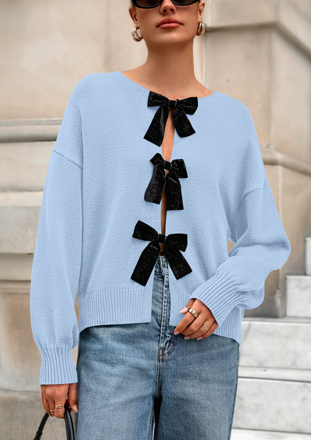 Cardigan Sweaters for Women Fall Bow Tie Front Long Sleeve Knit Sweater Tops Cute Going Out Outfits