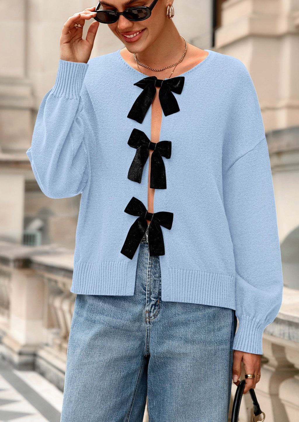 Cardigan Sweaters for Women Fall Bow Tie Front Long Sleeve Knit Sweater Tops Cute Going Out Outfits