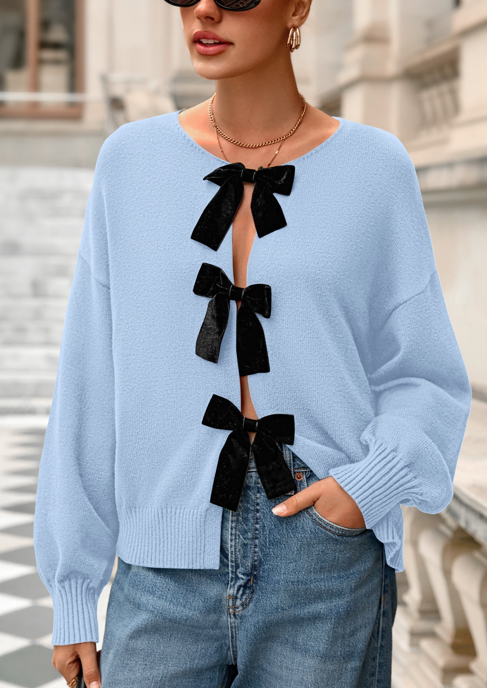 Cardigan Sweaters for Women Fall Bow Tie Front Long Sleeve Knit Sweater Tops Cute Going Out Outfits