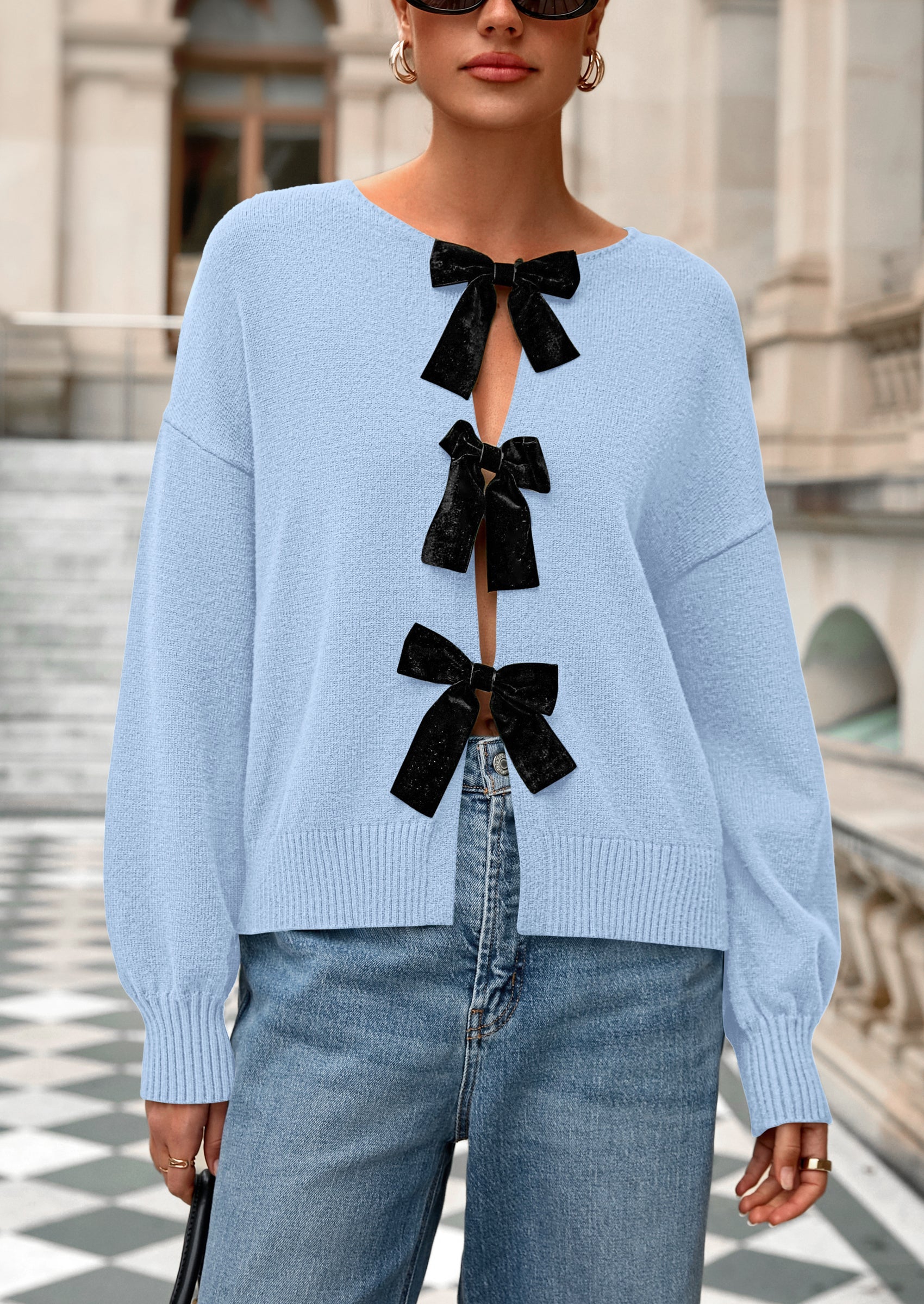 Cardigan Sweaters for Women Fall Bow Tie Front Long Sleeve Knit Sweater Tops Cute Going Out Outfits