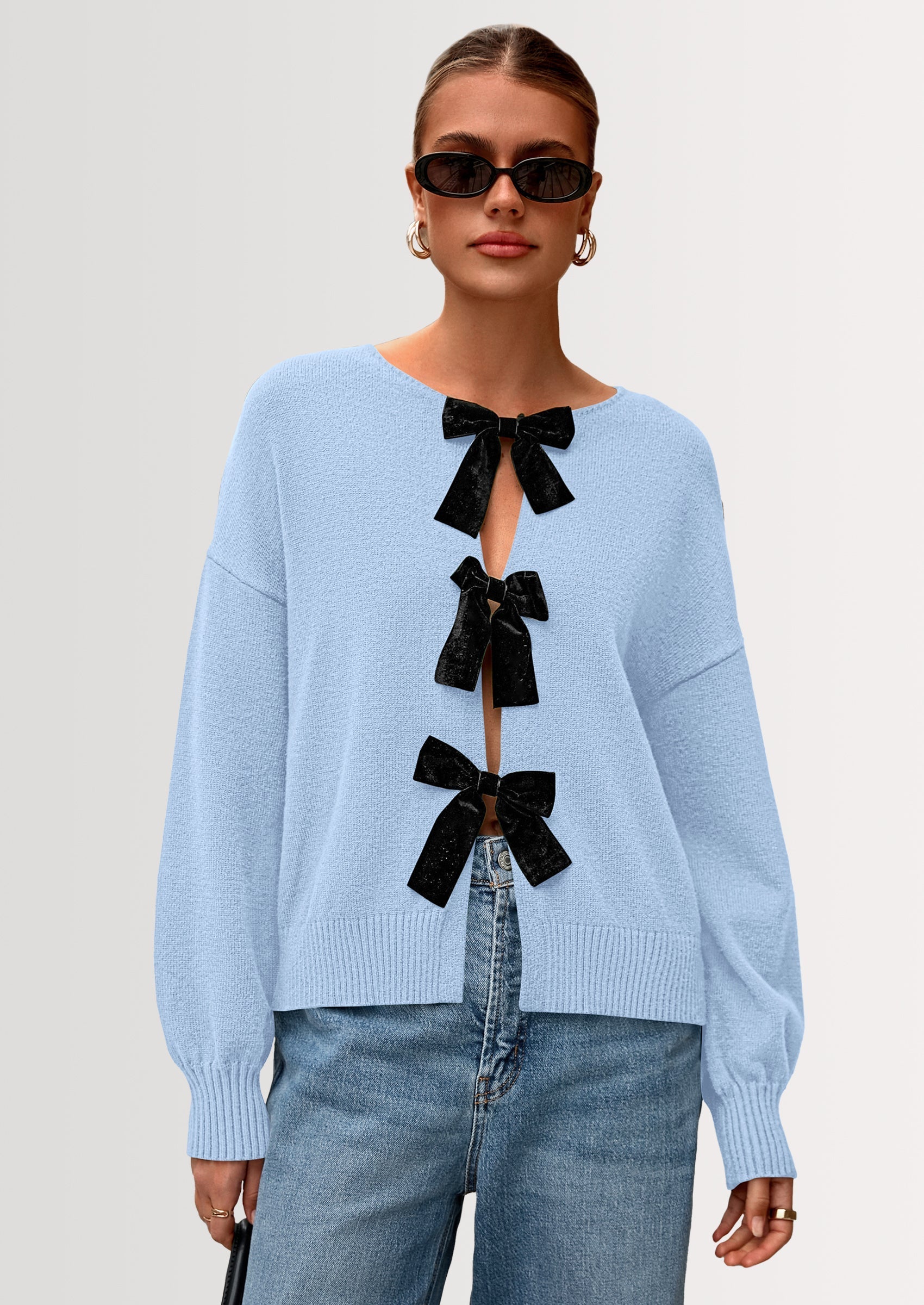 Cardigan Sweaters for Women Fall Bow Tie Front Long Sleeve Knit Sweater Tops Cute Going Out Outfits