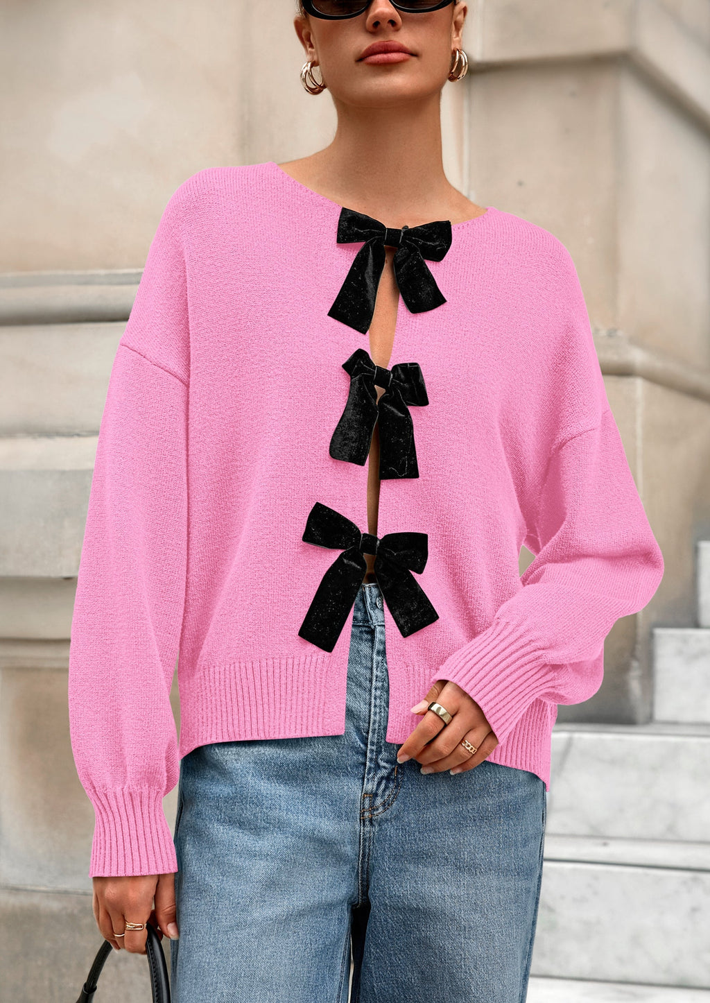 Cardigan Sweaters for Women Fall Bow Tie Front Long Sleeve Knit Sweater Tops Cute Going Out Outfits