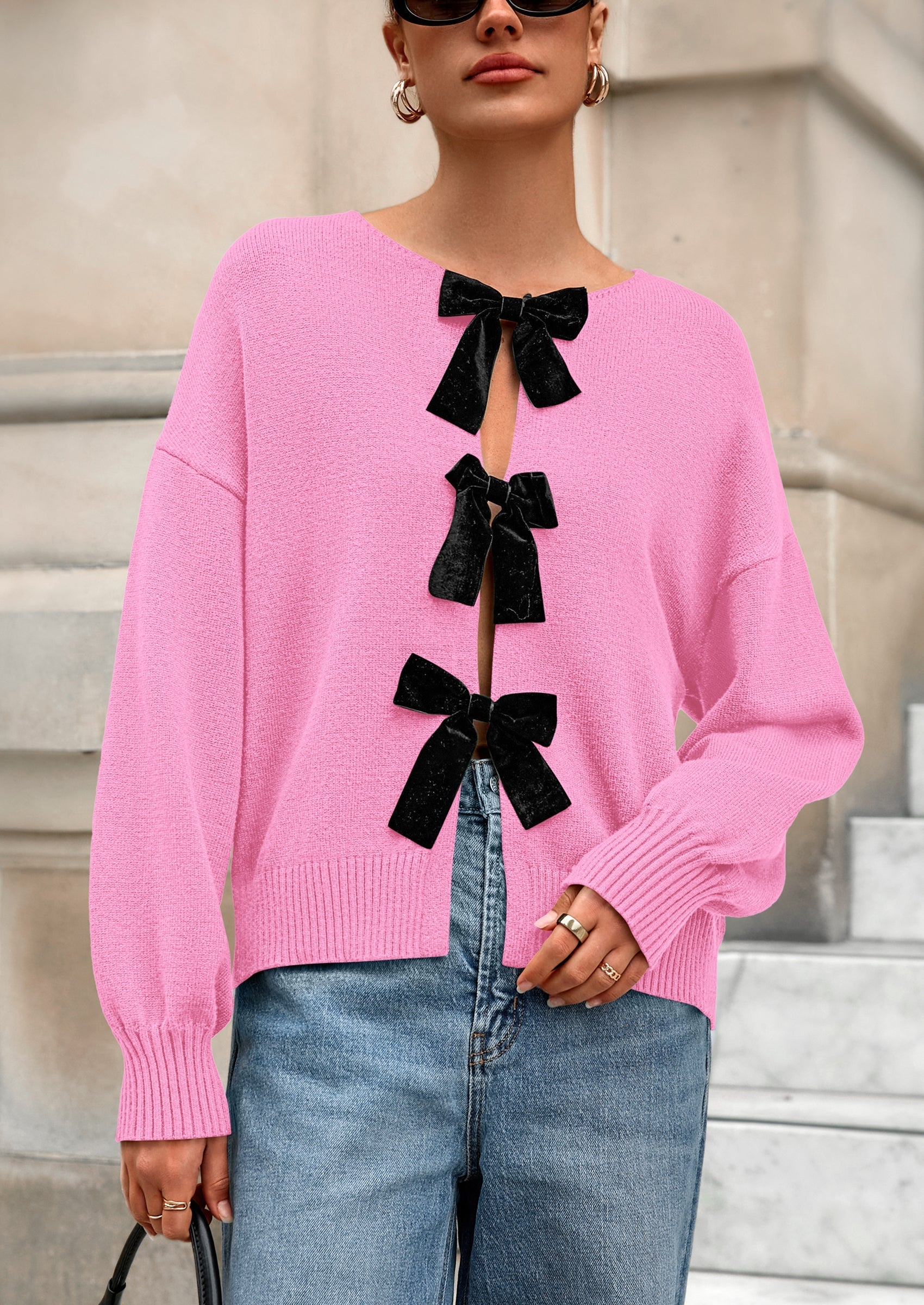 Cardigan Sweaters for Women Fall Bow Tie Front Long Sleeve Knit Sweater Tops Cute Going Out Outfits