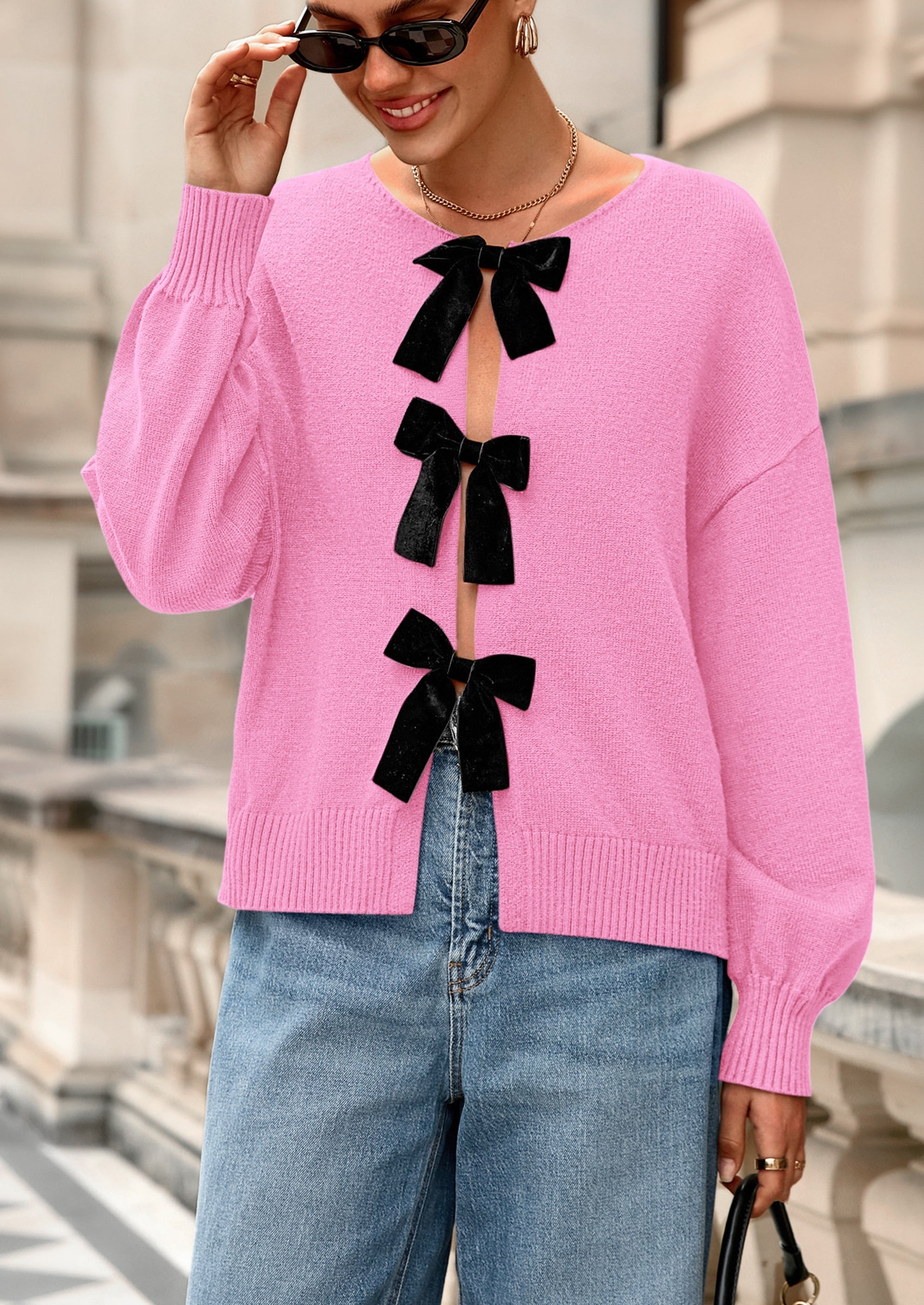 Cardigan Sweaters for Women Fall Bow Tie Front Long Sleeve Knit Sweater Tops Cute Going Out Outfits