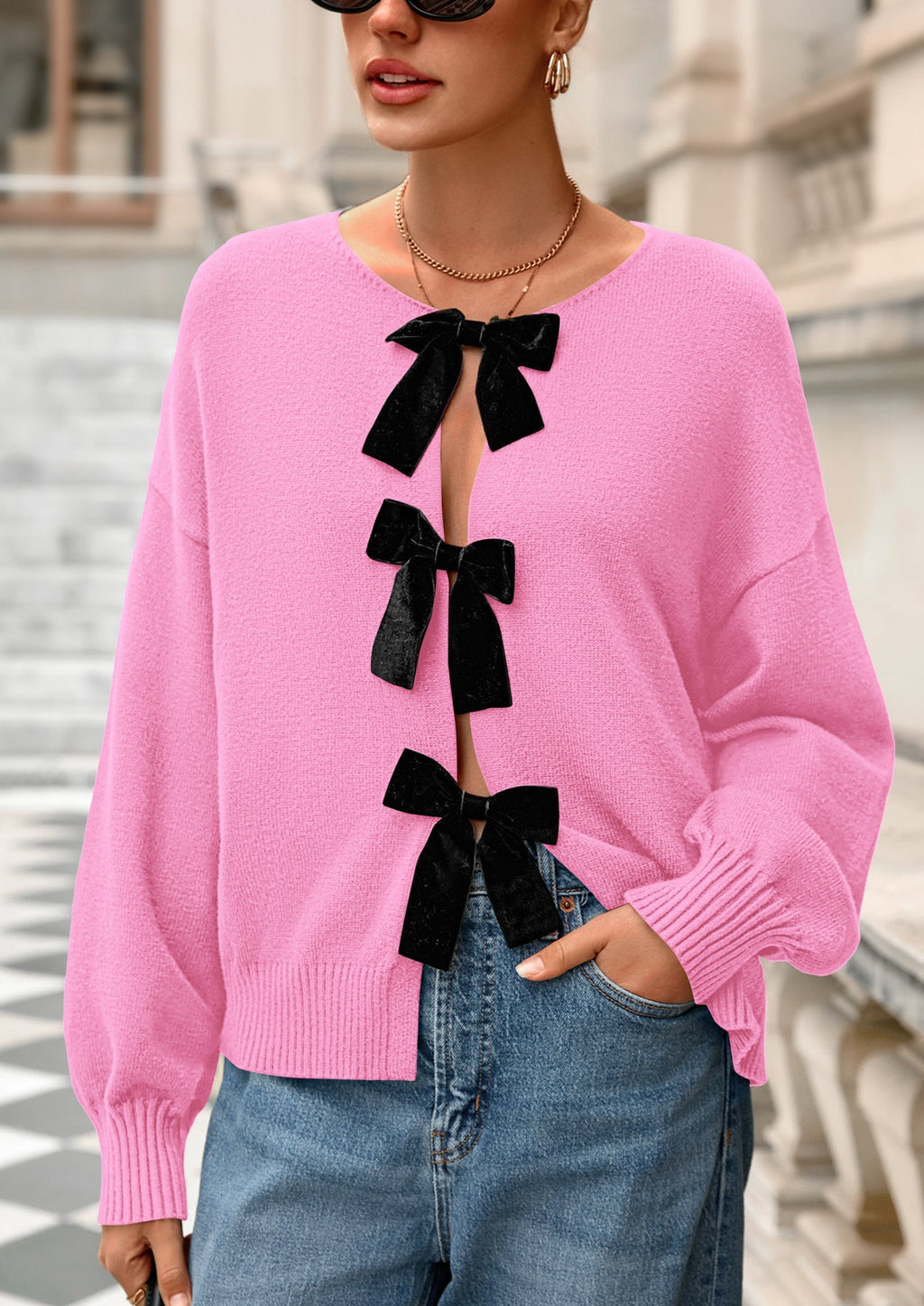 Cardigan Sweaters for Women Fall Bow Tie Front Long Sleeve Knit Sweater Tops Cute Going Out Outfits