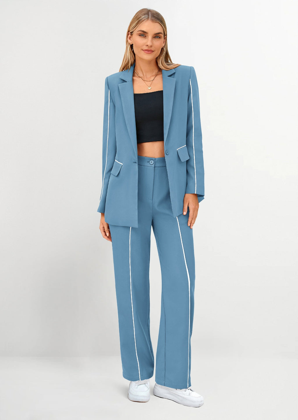 2 Piece Blazer Outfits Business Casual Oversized Jacket Wide Leg Work Pants Dressy Suit Set