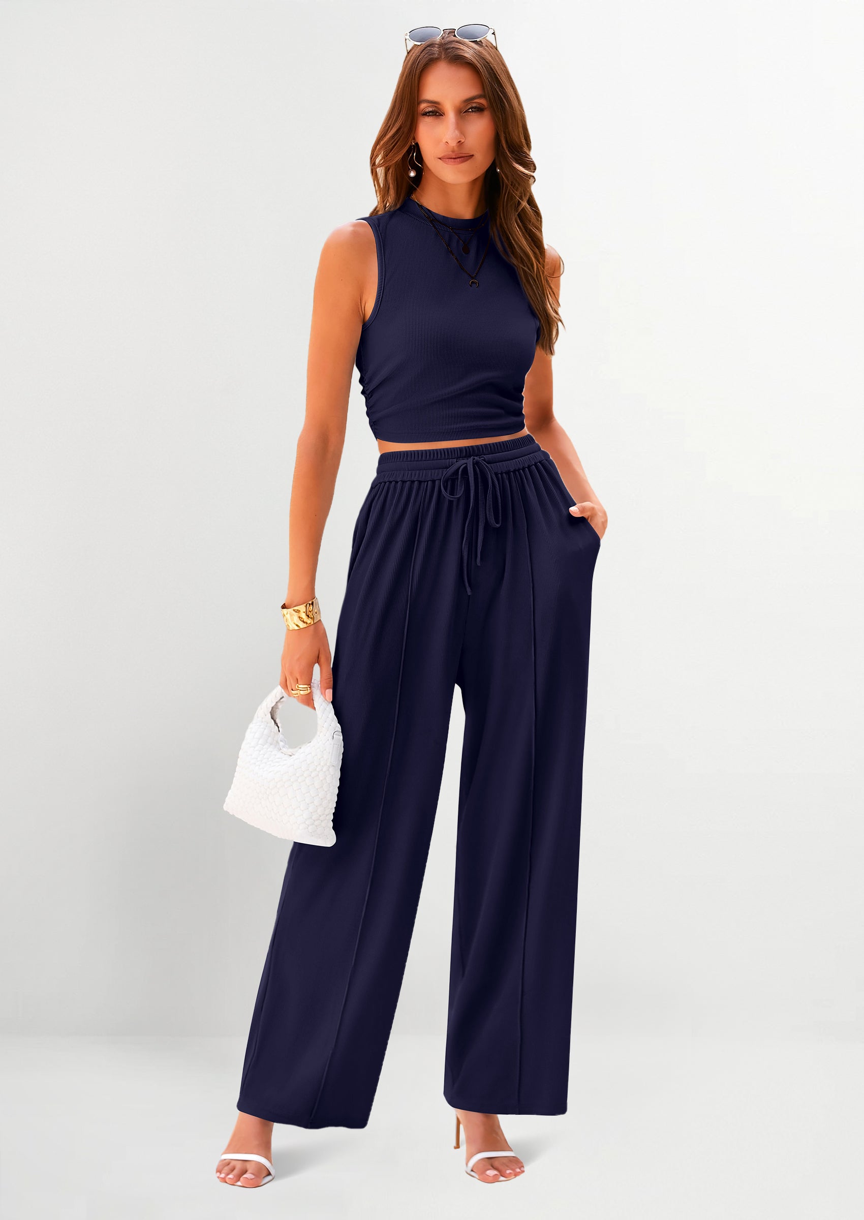 2 Piece Sets Sleeveless Tank Ribbed Travel Vacation Lounge Wear Outfits