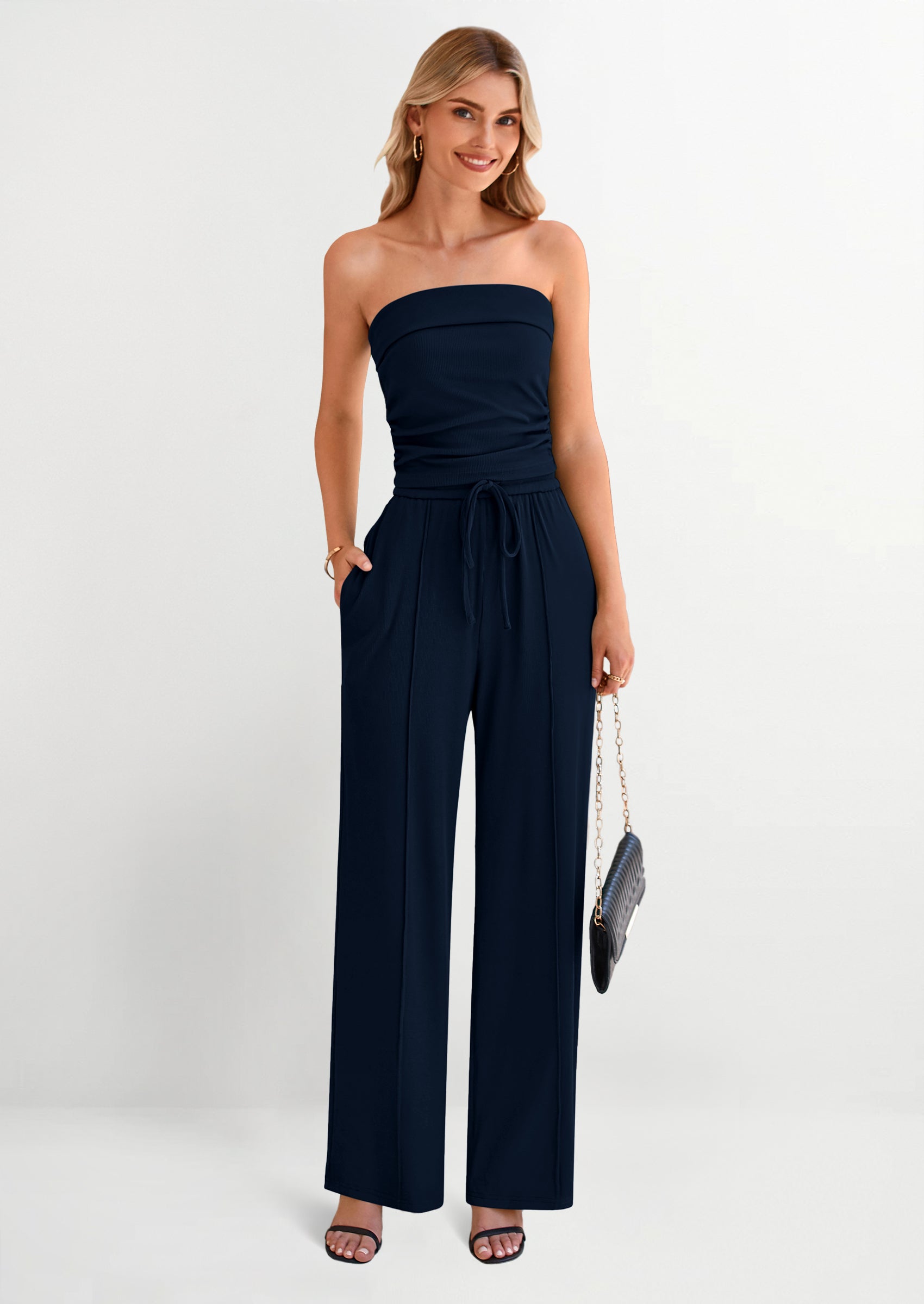 2 Piece Sets Casual Ribbed Knit Crop Tube Top Wide Leg Pants Lounge Set