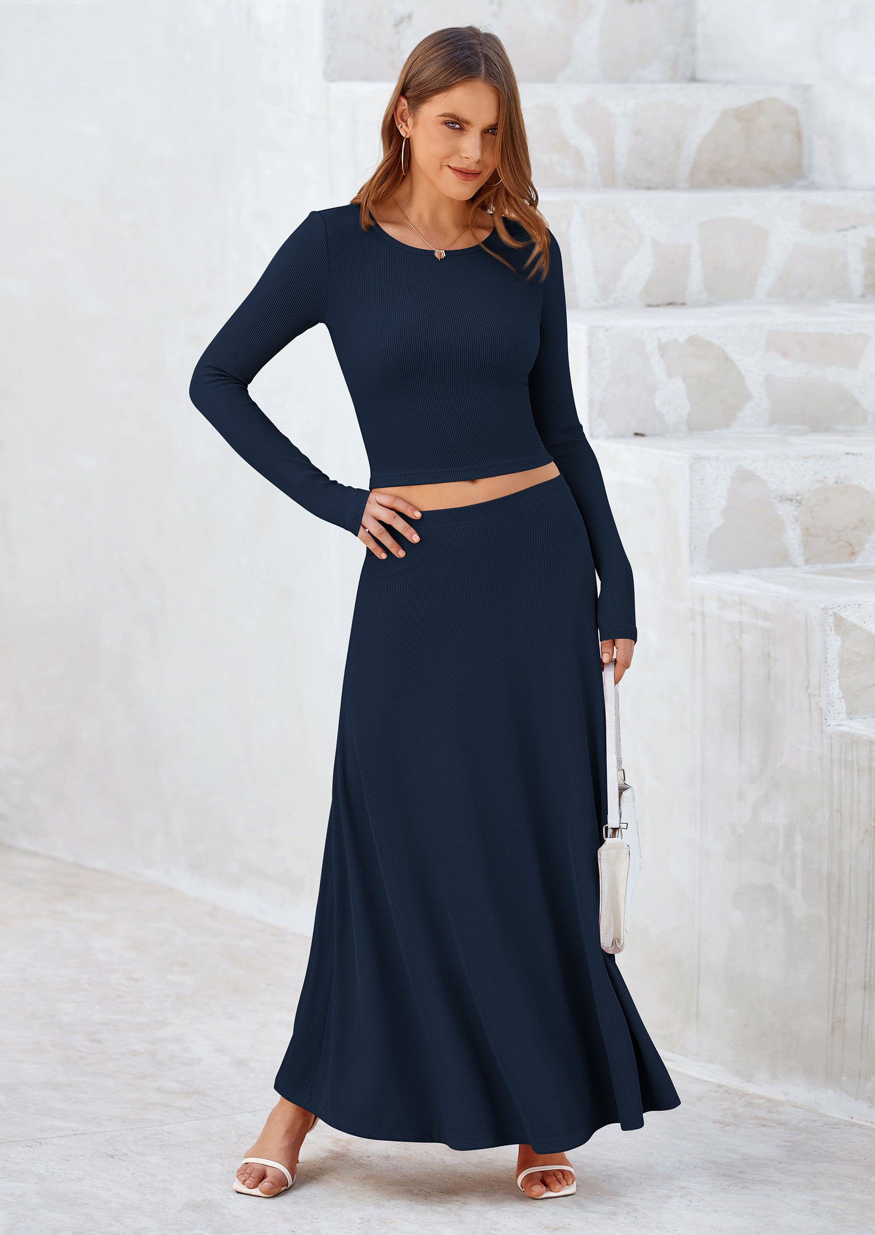 2 Piece Casual Ribbed Knit Long Sleeve Crop Tops Maxi Flowy Skirts Matching Sets