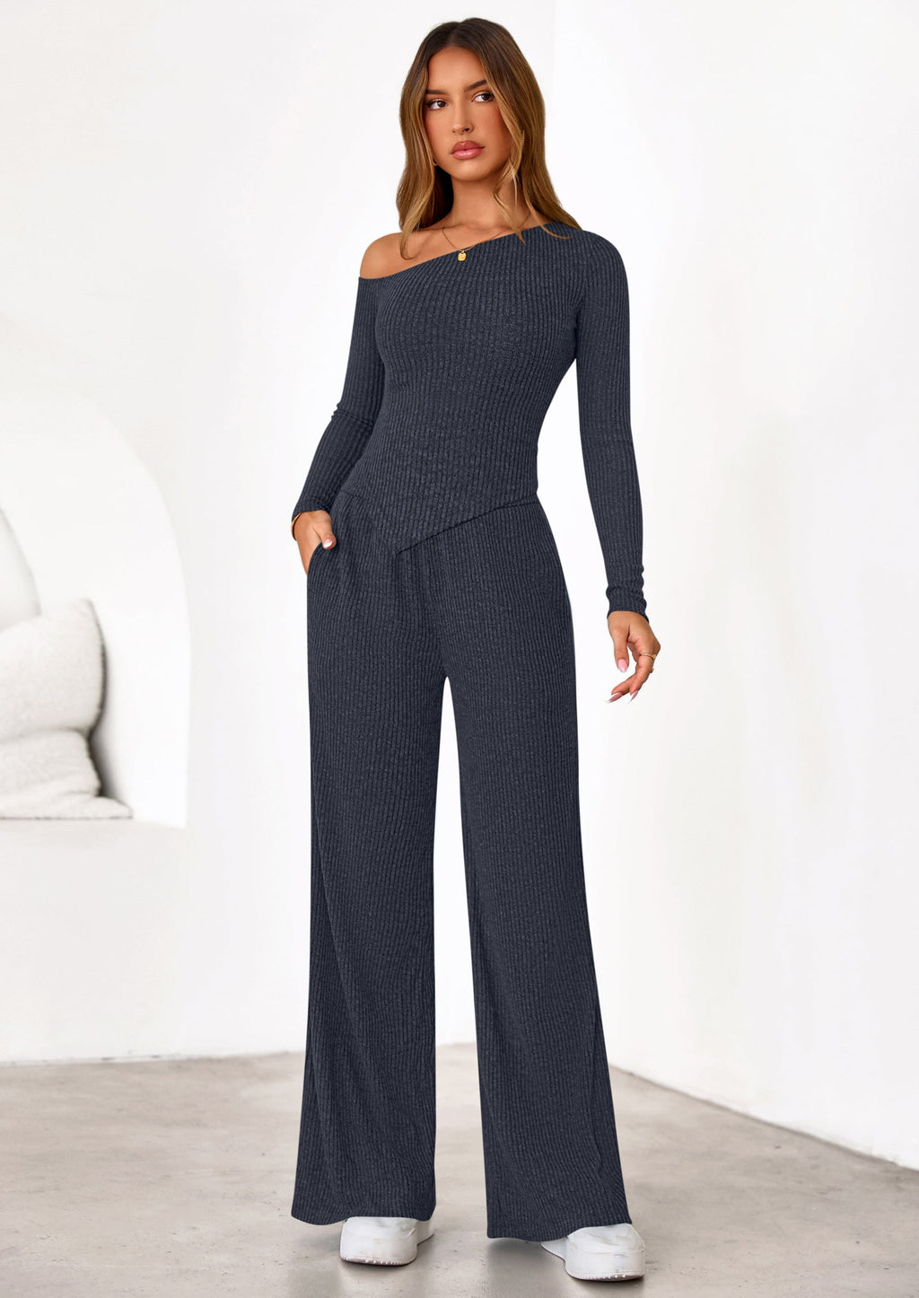Casual Two Piece Sets for Women Fall Outfits Asymmetrical Off Shoulder Tops Wide Leg Pants Knit Lounge Set
