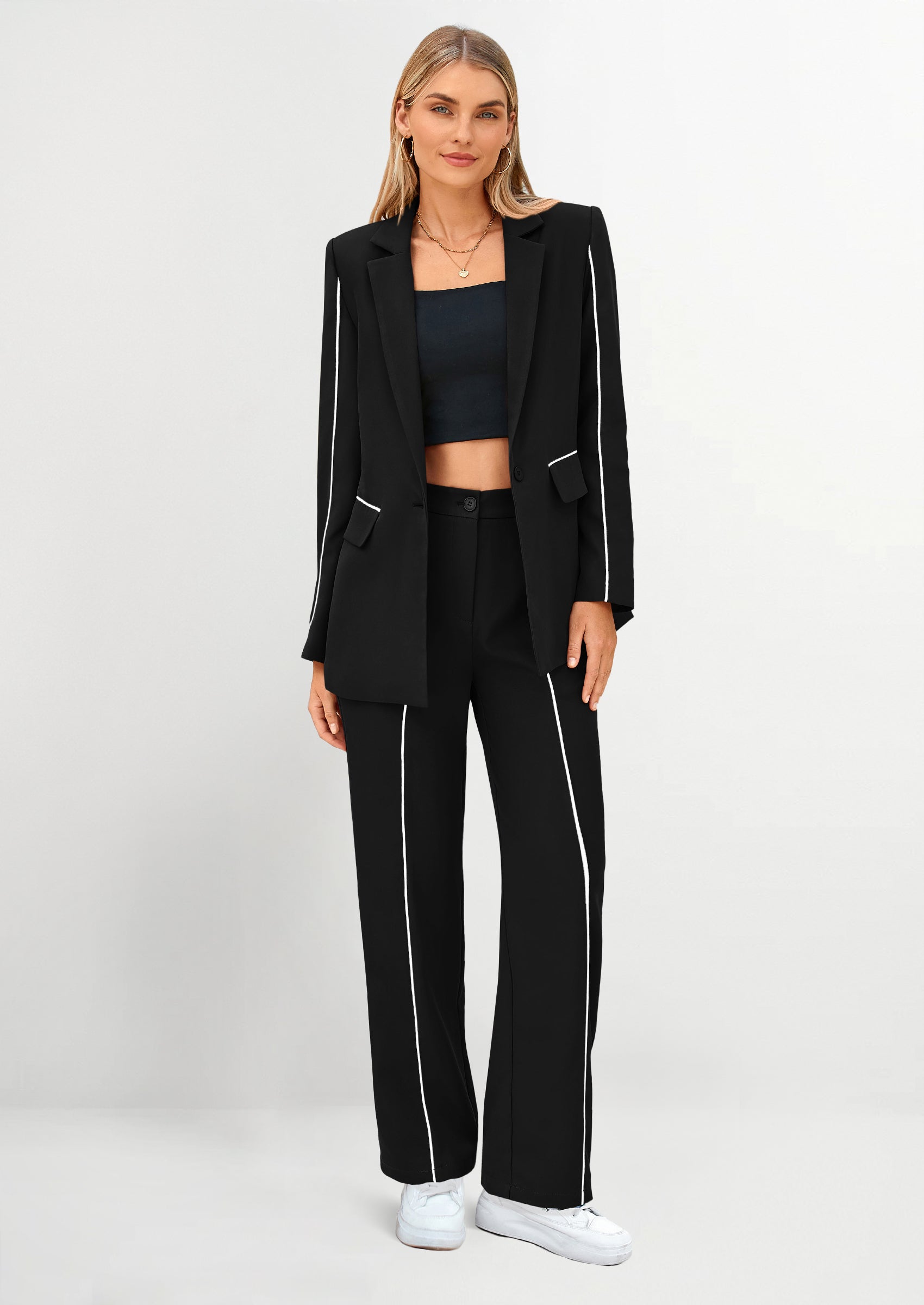 2 Piece Blazer Outfits Business Casual Oversized Jacket Wide Leg Work Pants Dressy Suit Set