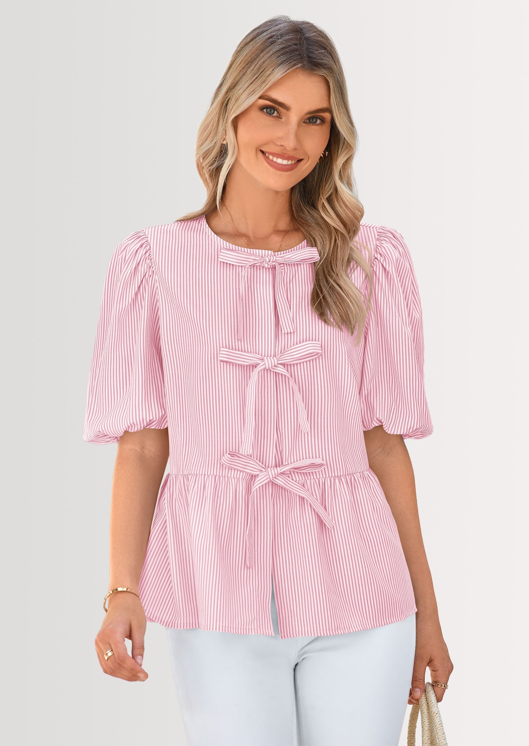 Women's Tie Front Striped Shirt Summer Trendy Fashion Cute Babydoll Tops Peplum Puffy Sleeve Blouse