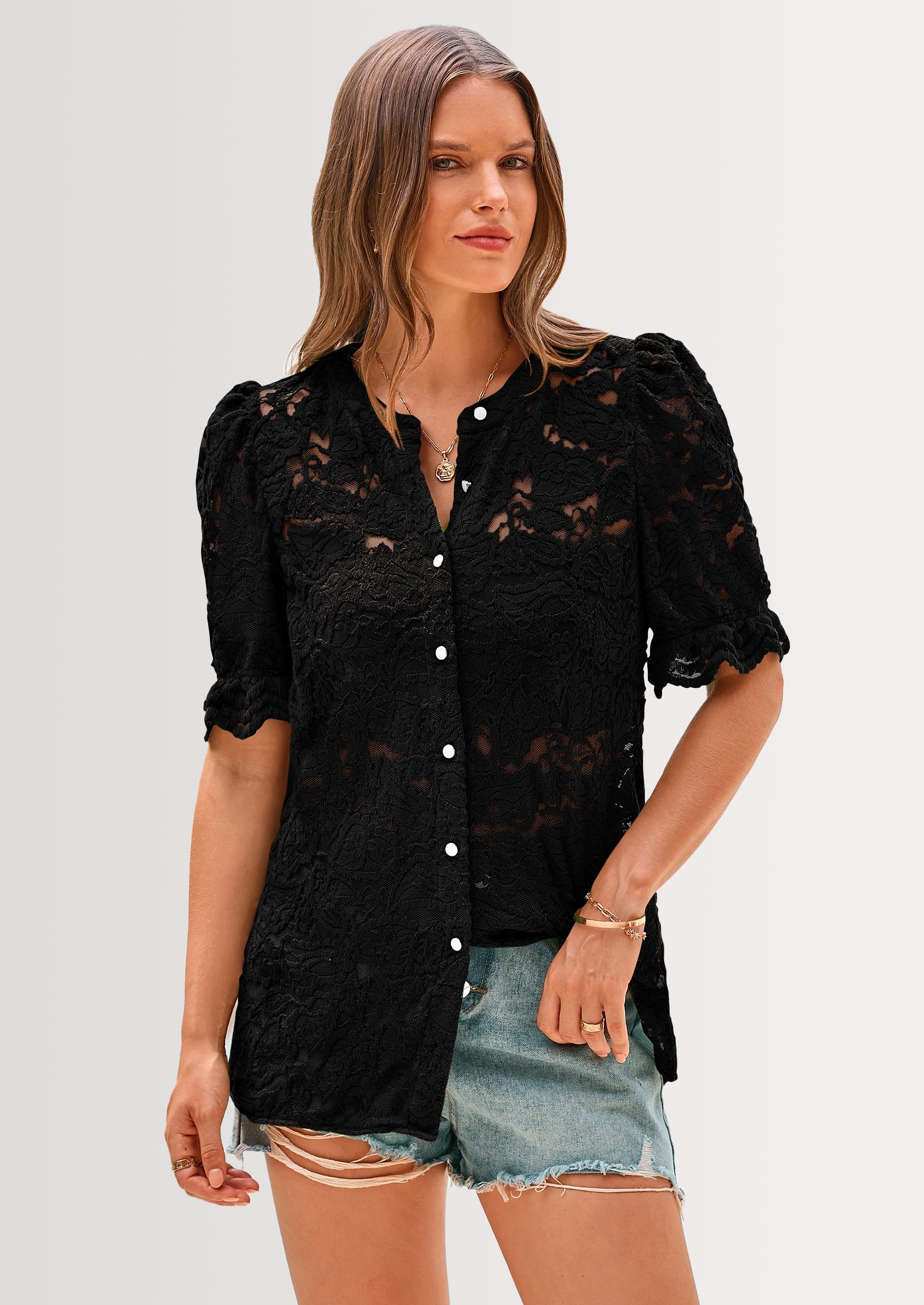 Womens Spring Lace Tops Short Puff Sleeve Casual Dressy Blouses Eyelet Crew Neck Button Down Shirts