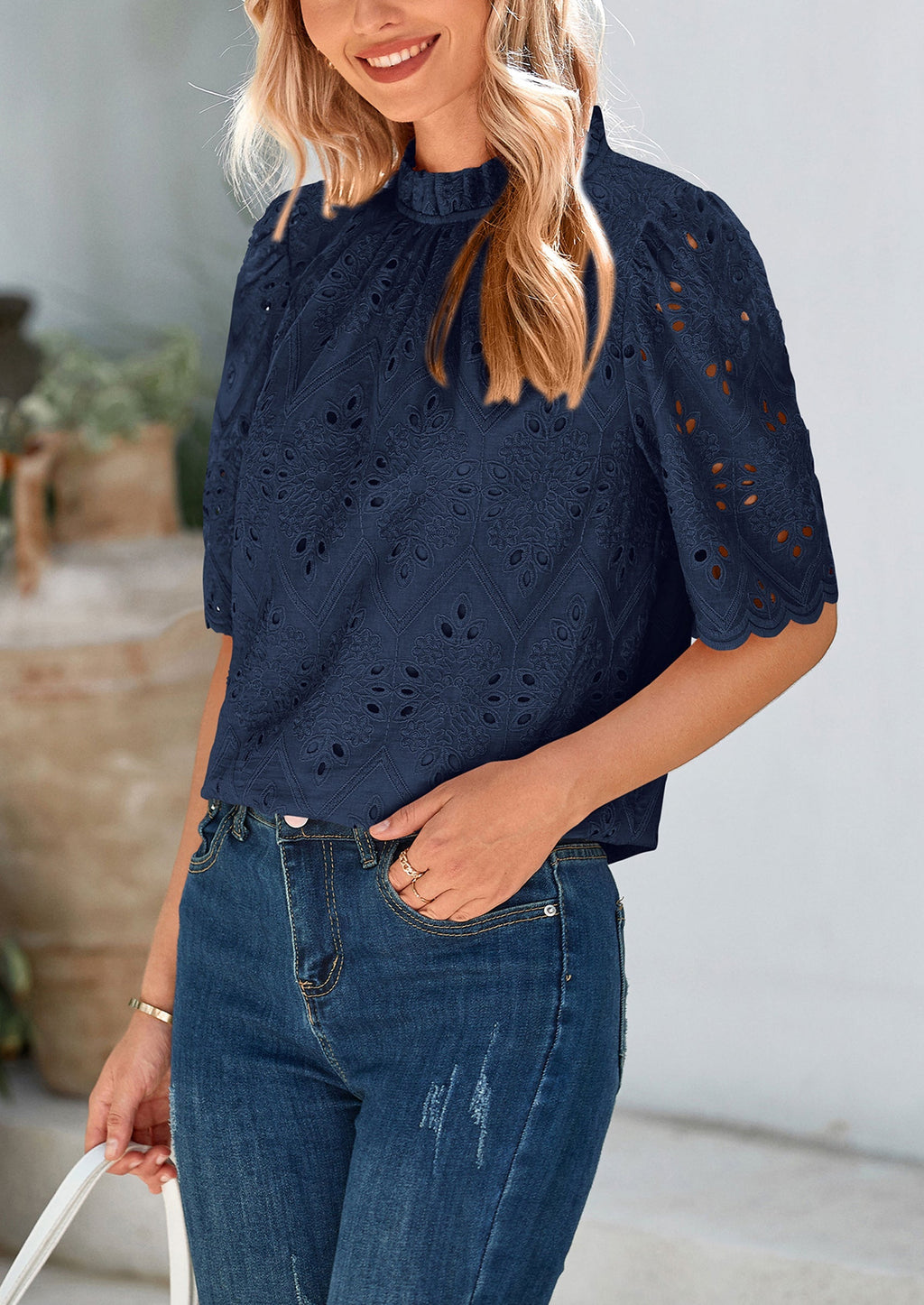 Womens Summer Tops Trendy Short Sleeve Eyelet Embroidered Dressy Casual Blouse Shirts