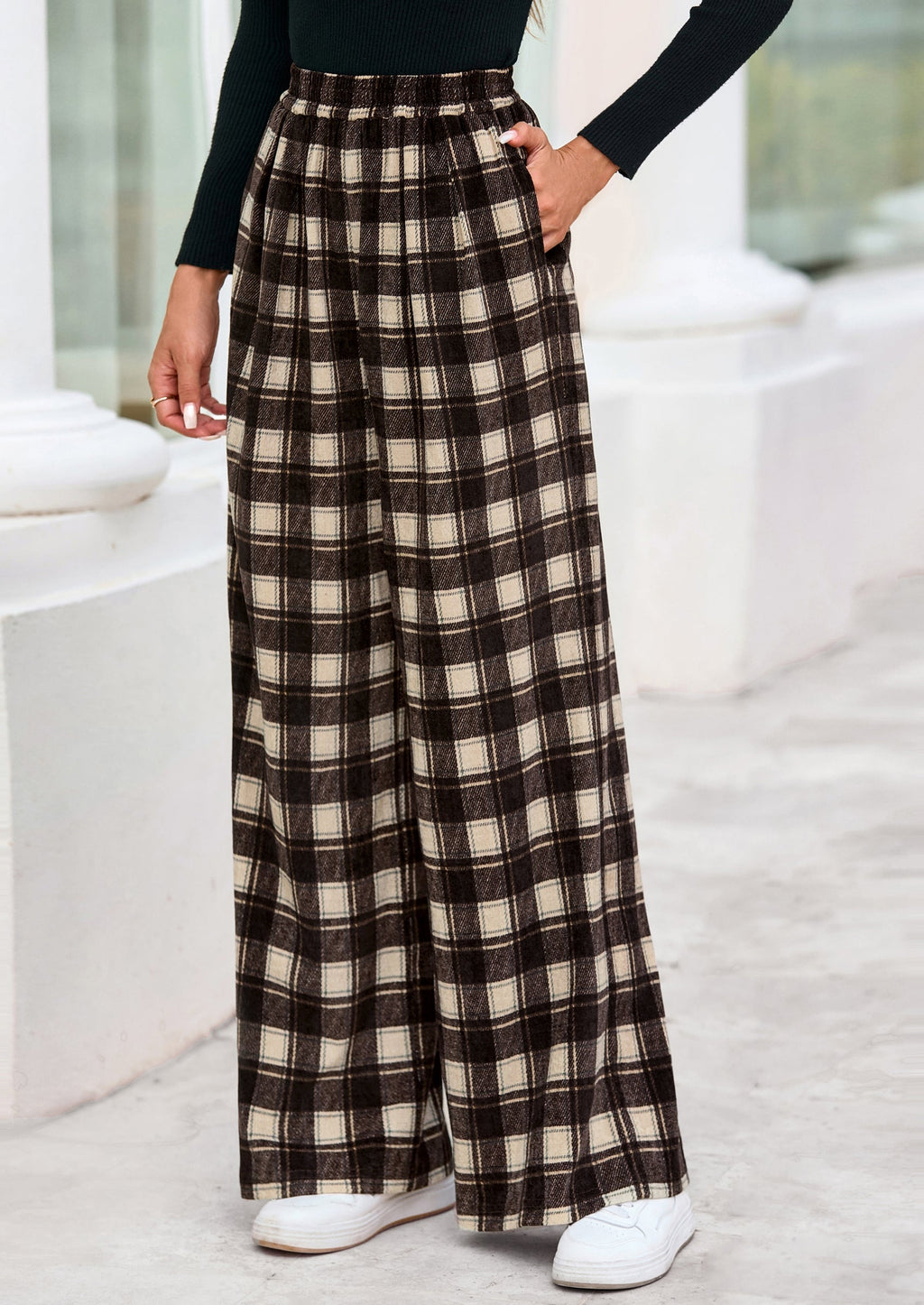 Casual Women's Pants Elastic Waist Palazzo Long Stretchy Wide Leg Trousers Knit Fall Outfits with Pockets