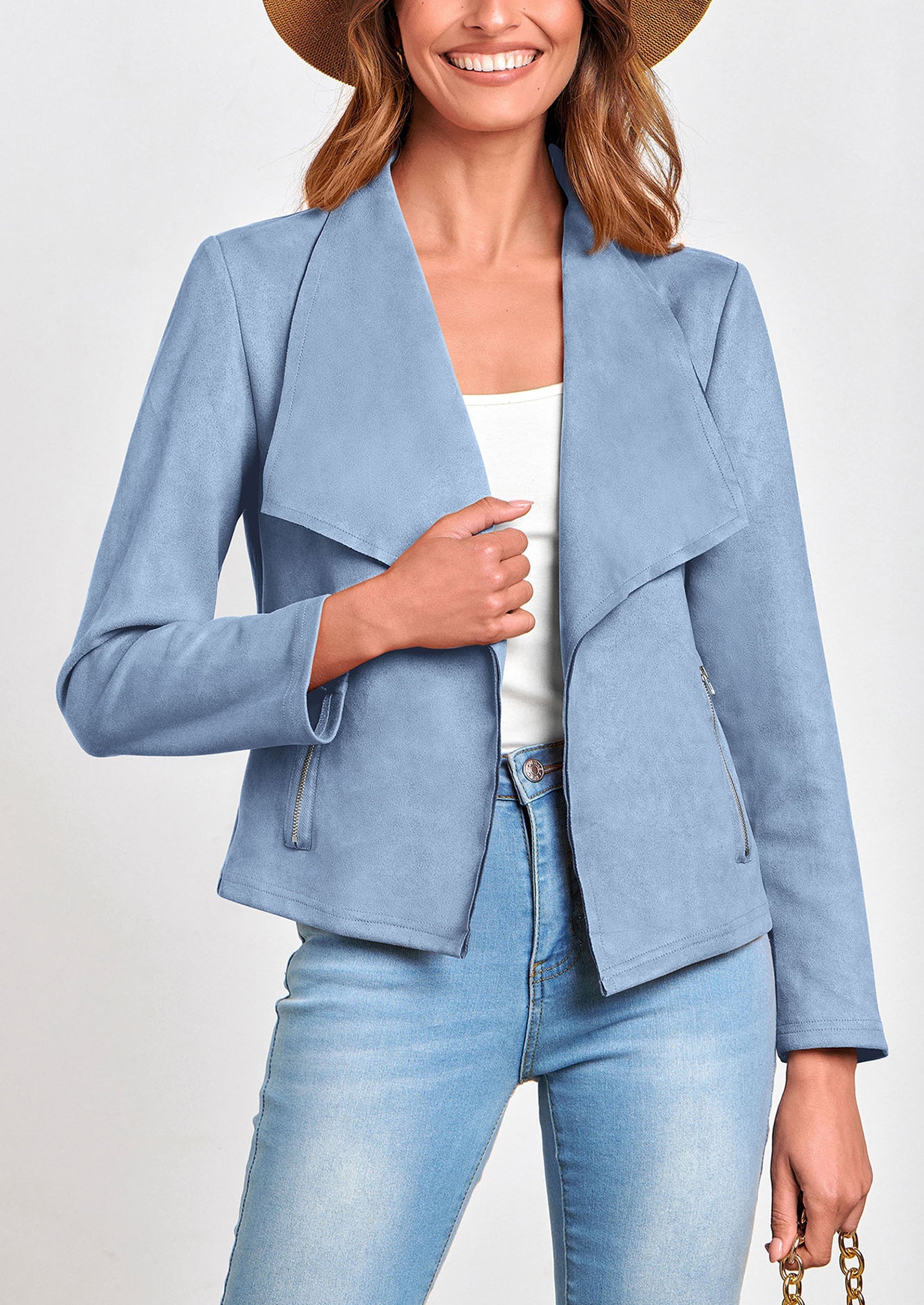 Women's Faux Suede Jackets Fashion Fall Clothes Long Sleeve Open Front Cropped Coat Outwear