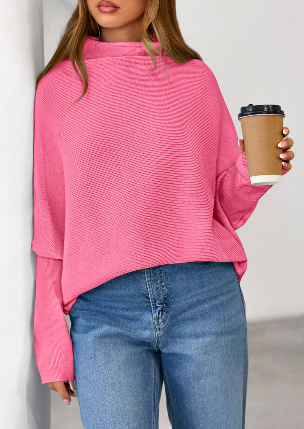 Womens Sweaters Fall Fashion Casual Loose Turtleneck Batwing Long Sleeve Knit Sweater Pullover Tops