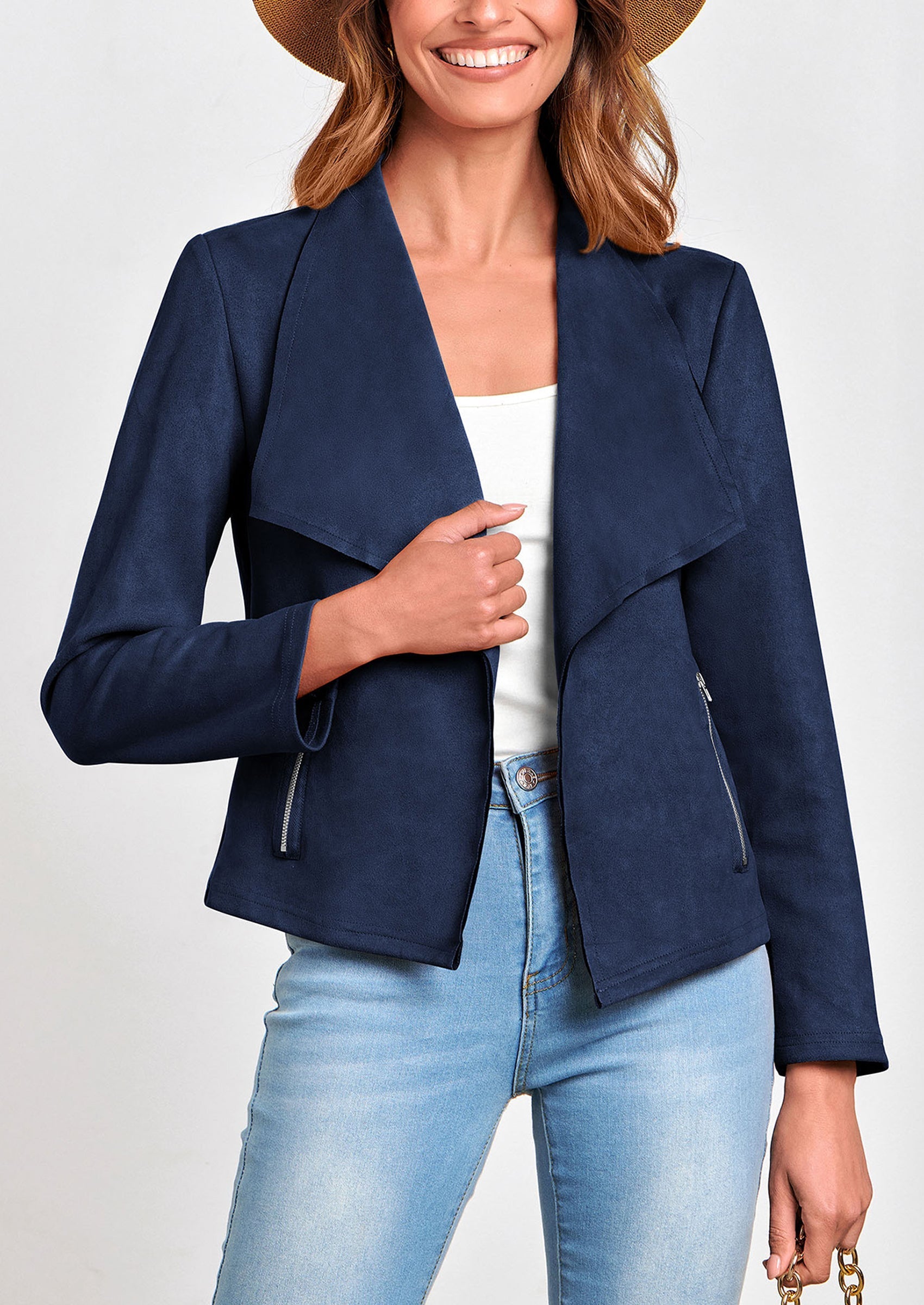 Women's Faux Suede Jackets Fashion Fall Clothes Long Sleeve Open Front Cropped Coat Outwear