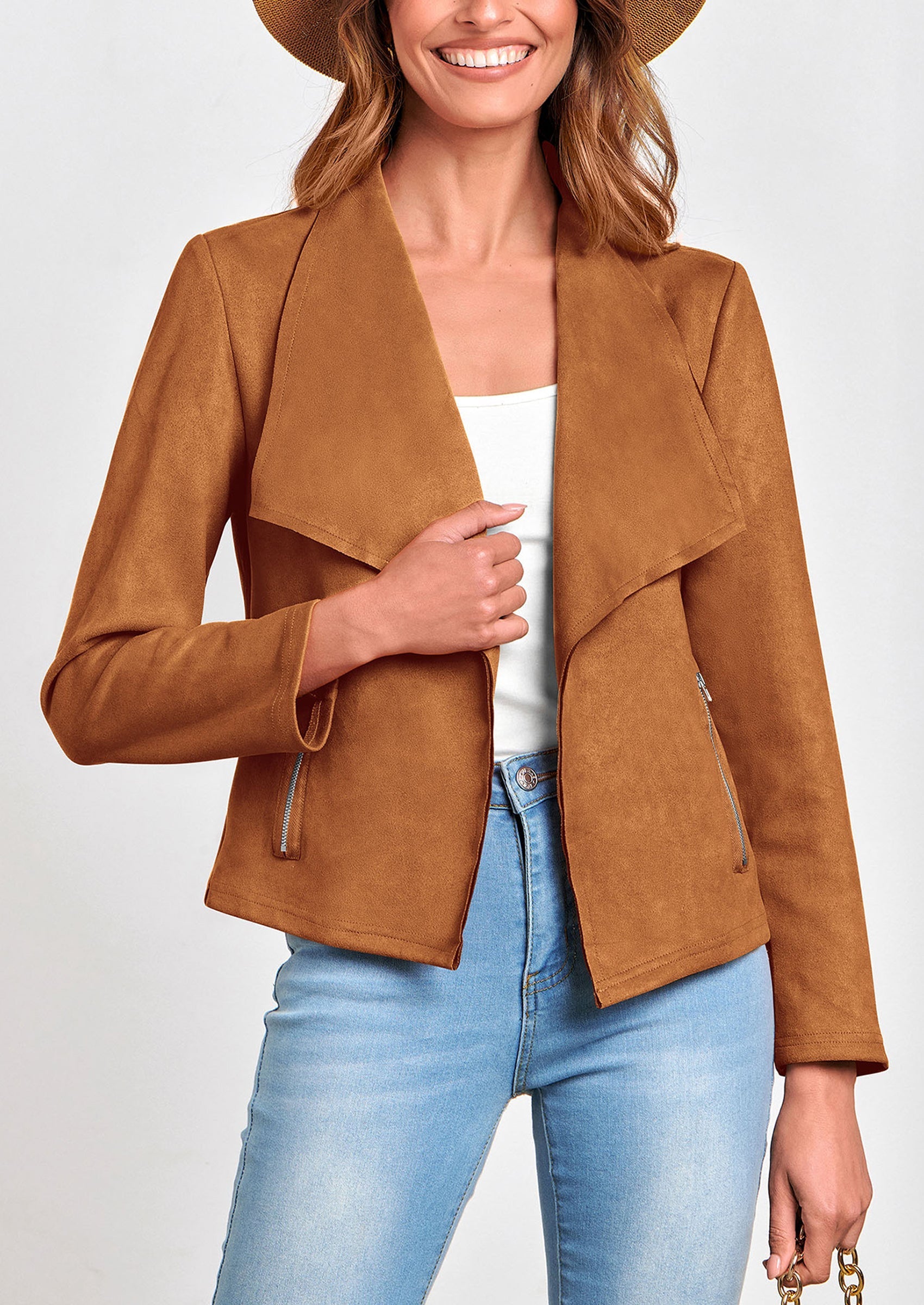 Women's Faux Suede Jackets Fashion Fall Clothes Long Sleeve Open Front Cropped Coat Outwear