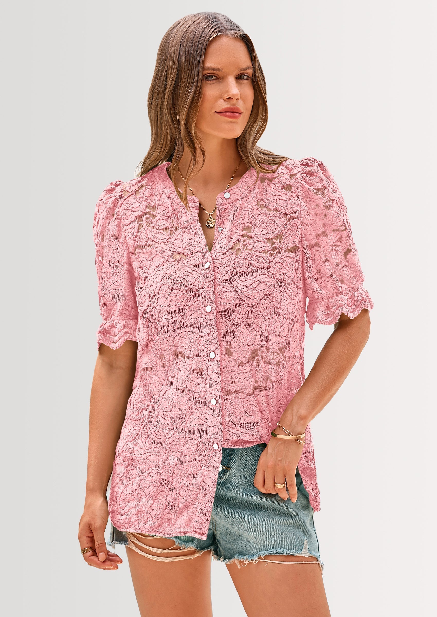 Womens Spring Lace Tops Short Puff Sleeve Casual Dressy Blouses Eyelet Crew Neck Button Down Shirts