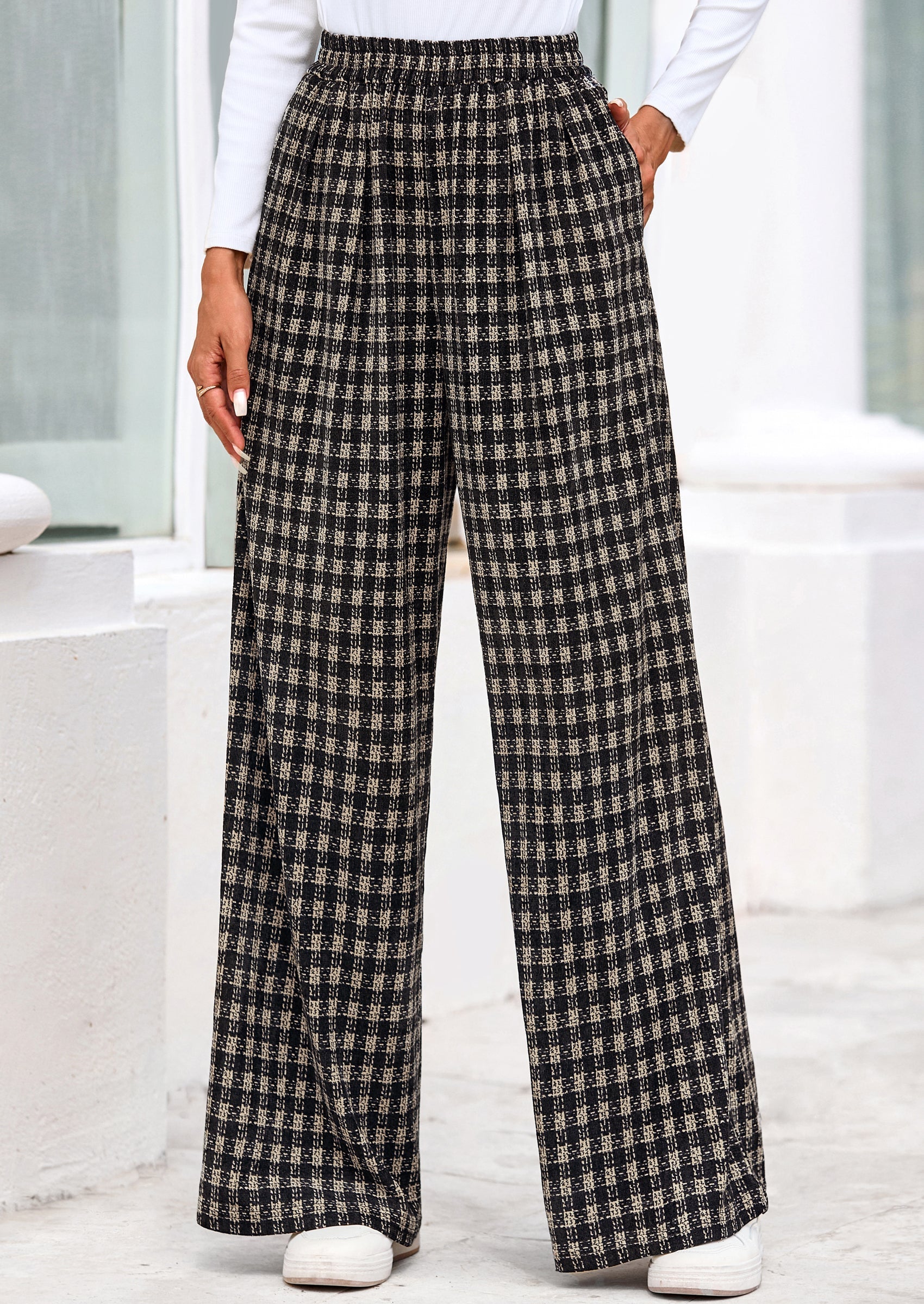 Casual Women's Pants Elastic Waist Palazzo Long Stretchy Wide Leg Trousers Knit Fall Outfits with Pockets