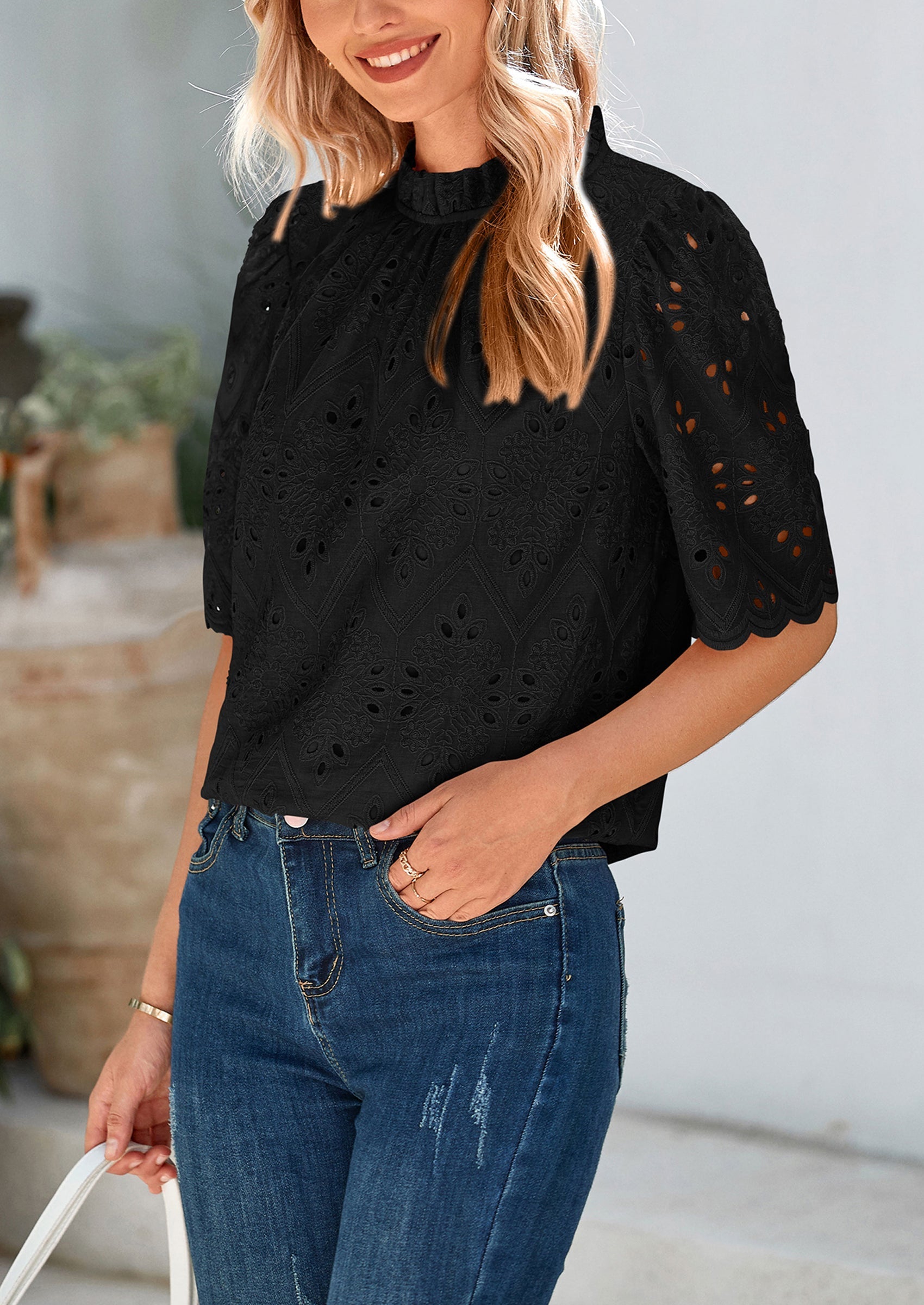 Womens Summer Tops Trendy Short Sleeve Eyelet Embroidered Dressy Casual Blouse Shirts