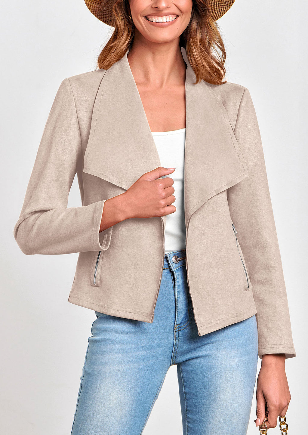 Women's Faux Suede Jackets Fashion Fall Clothes Long Sleeve Open Front Cropped Coat Outwear