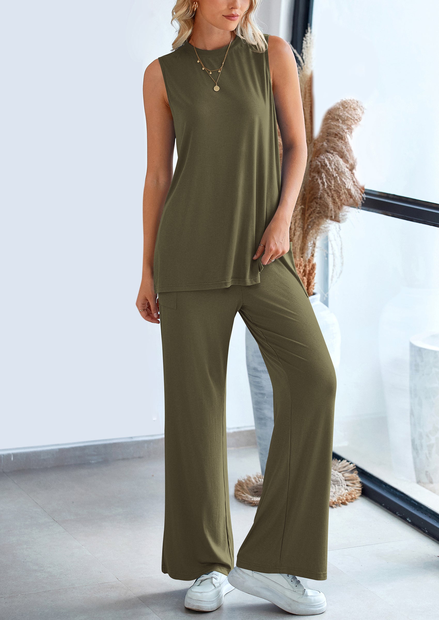 2 Piece Set Loose Tank Top Wide Leg Pants Casual Matching Outfits Tracksuit