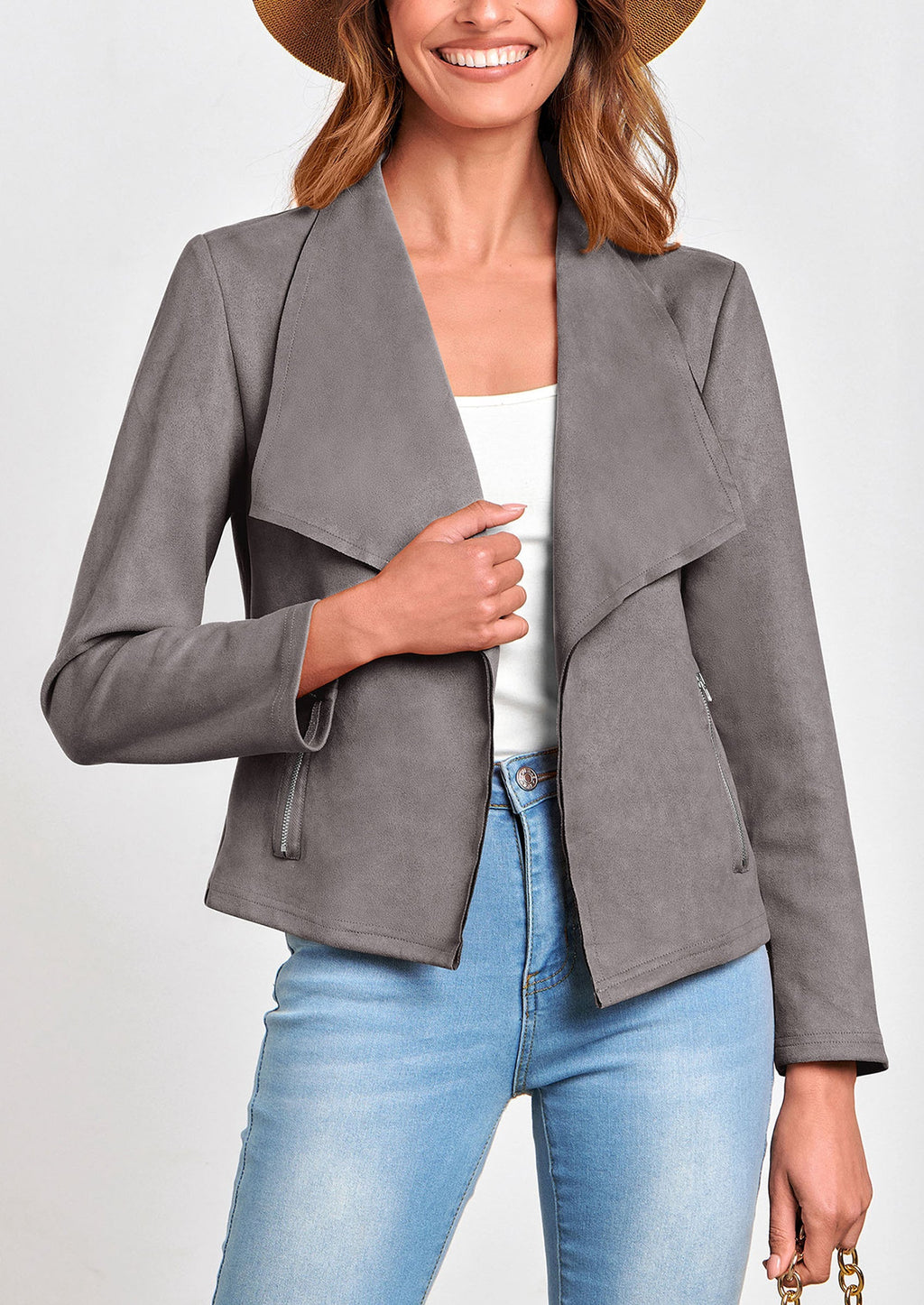 Women's Faux Suede Jackets Fashion Fall Clothes Long Sleeve Open Front Cropped Coat Outwear