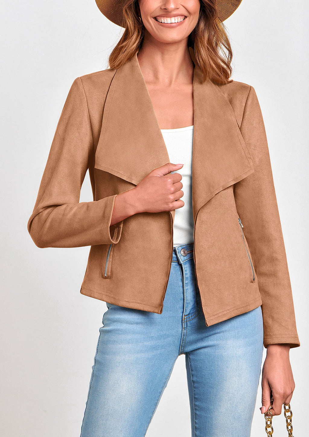 Women's Faux Suede Jackets Fashion Fall Clothes Long Sleeve Open Front Cropped Coat Outwear