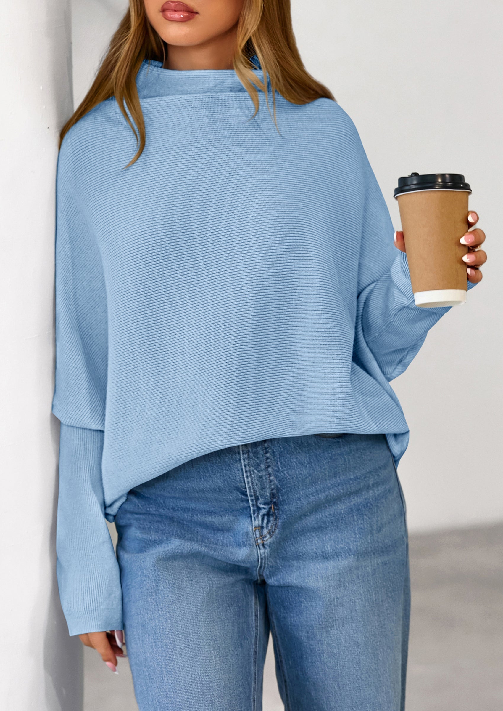 Womens Sweaters Fall Fashion Casual Loose Turtleneck Batwing Long Sleeve Knit Sweater Pullover Tops