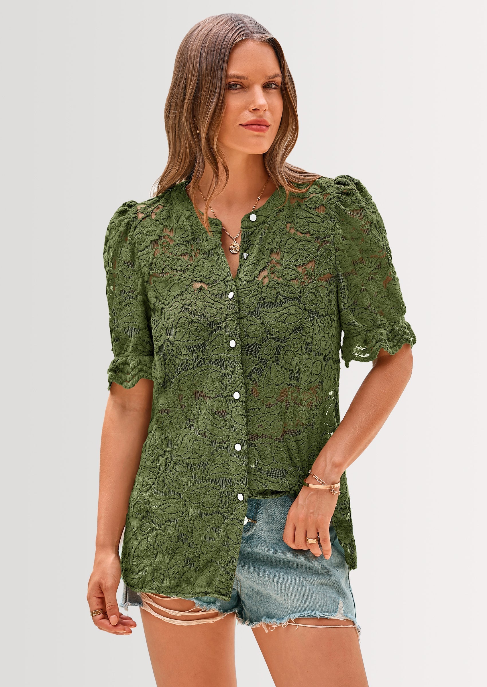 Womens Spring Lace Tops Short Puff Sleeve Casual Dressy Blouses Eyelet Crew Neck Button Down Shirts