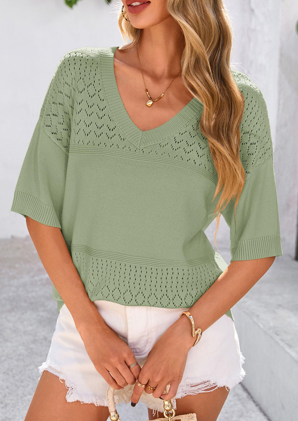 Women's Short Sleeve Sweater Tops Spring Summer Casual V Neck Ribbed Knit Trendy Eyelet Blouse T Shirts