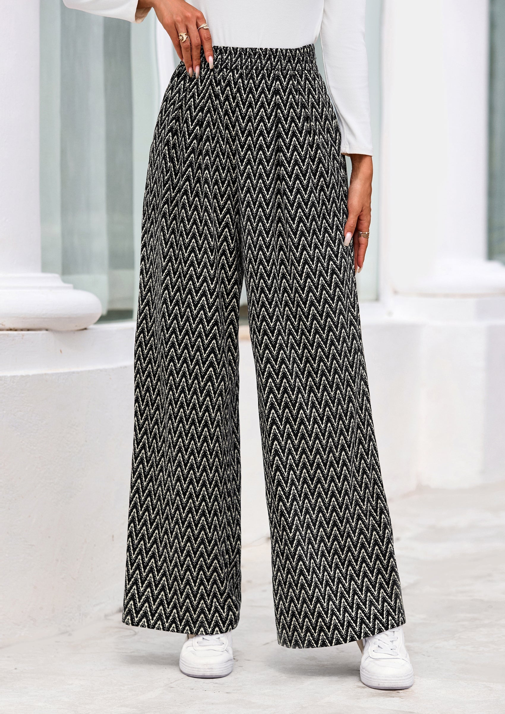 Casual Women's Pants Elastic Waist Palazzo Long Stretchy Wide Leg Trousers Knit Fall Outfits with Pockets