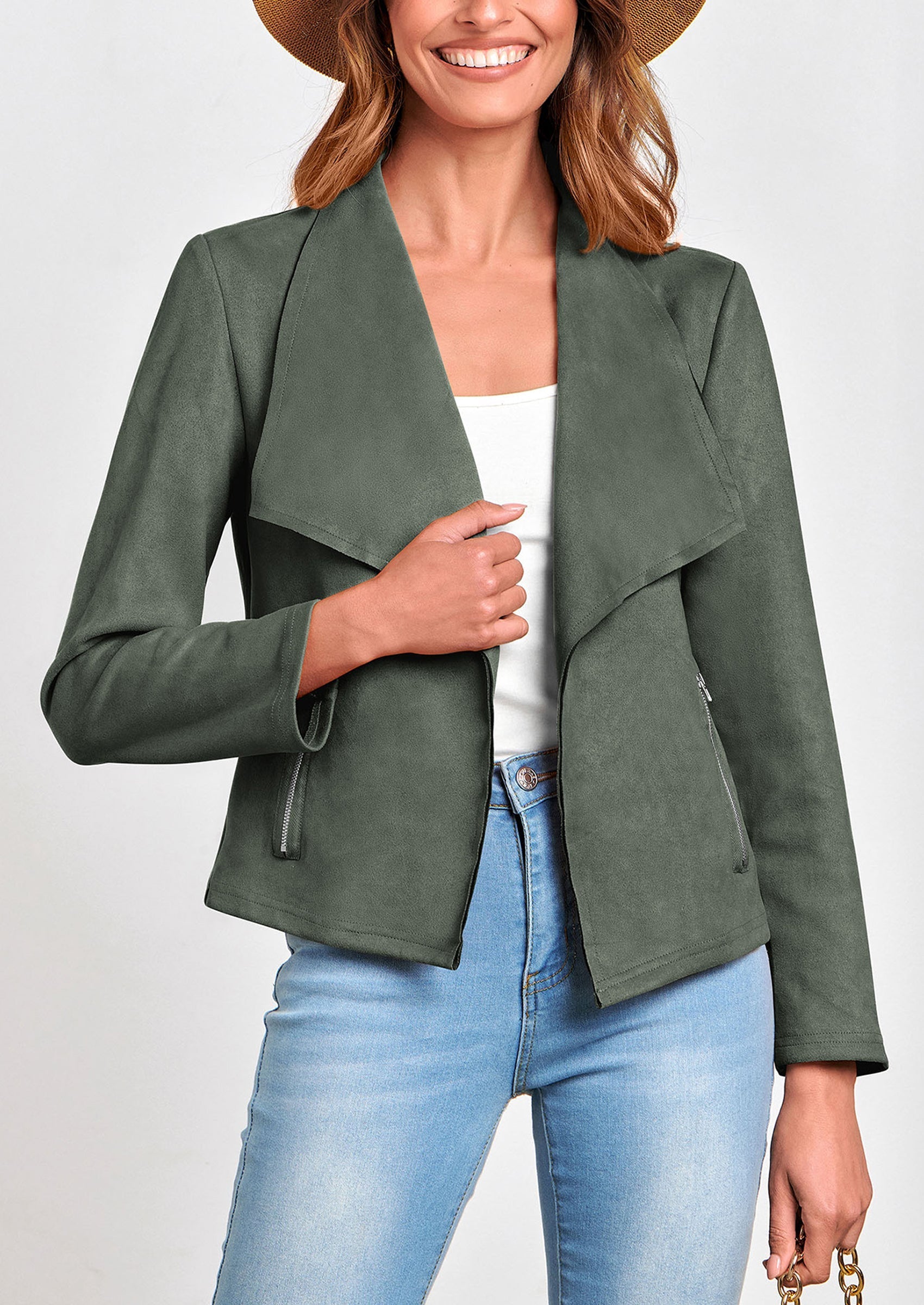 Women's Faux Suede Jackets Fashion Fall Clothes Long Sleeve Open Front Cropped Coat Outwear