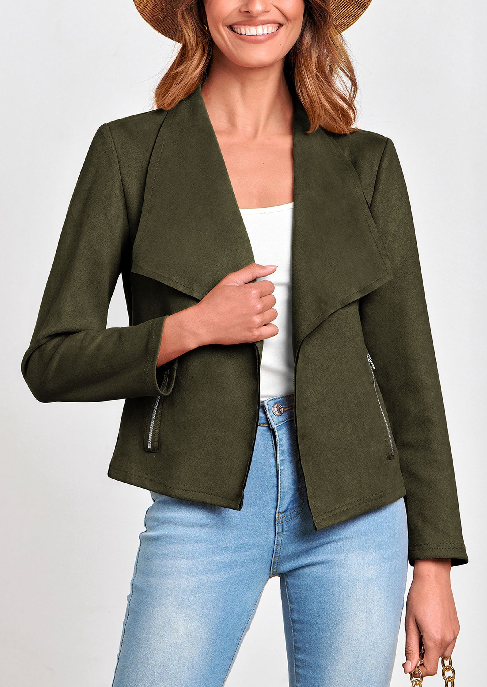 Women's Faux Suede Jackets Fashion Fall Clothes Long Sleeve Open Front Cropped Coat Outwear