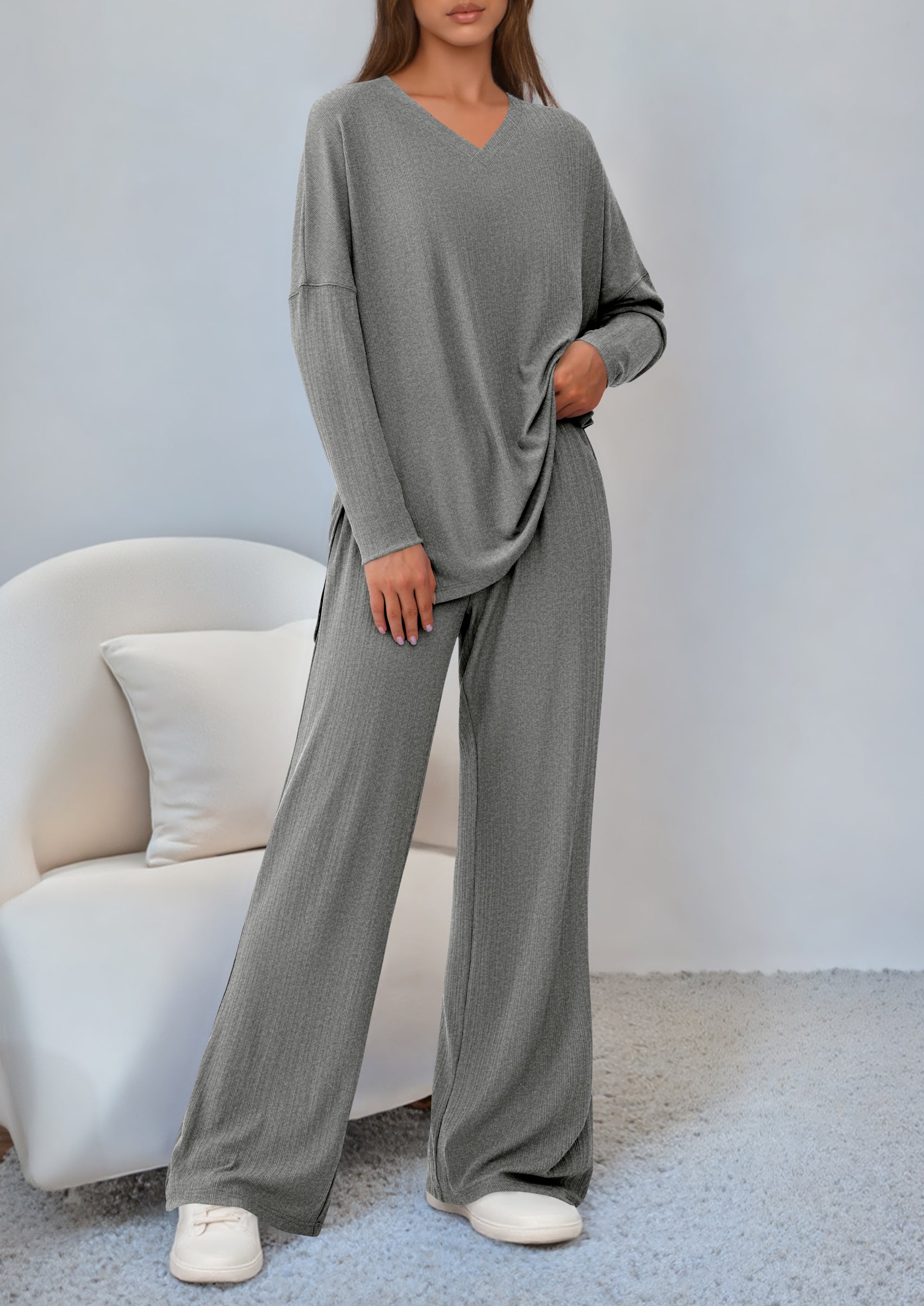 2 Piece Lounge Sets for Women Fall Outfits Casual Loose Long Sleeve Tops Wide Leg Pants Matching Pajama Set