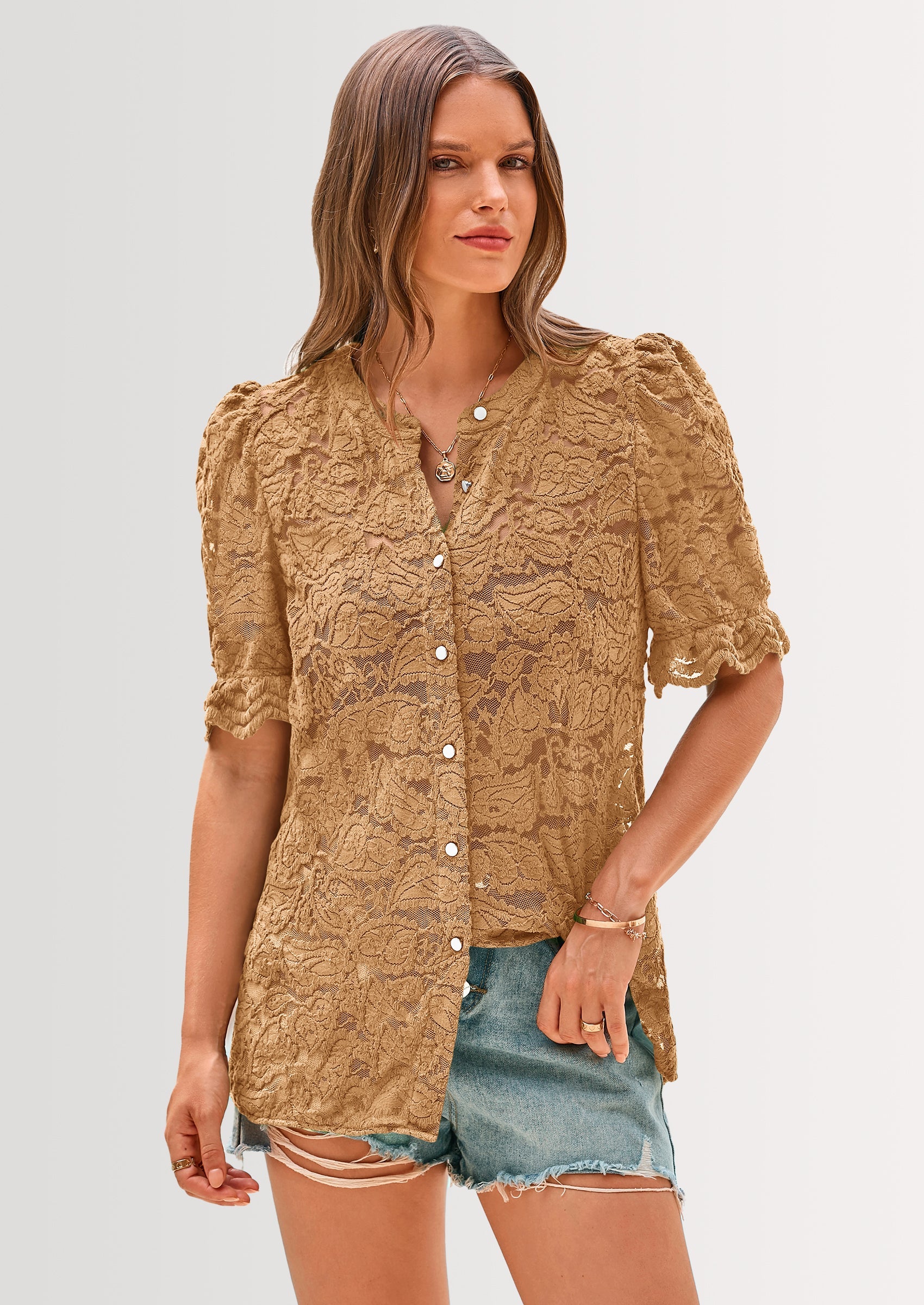 Womens Spring Lace Tops Short Puff Sleeve Casual Dressy Blouses Eyelet Crew Neck Button Down Shirts