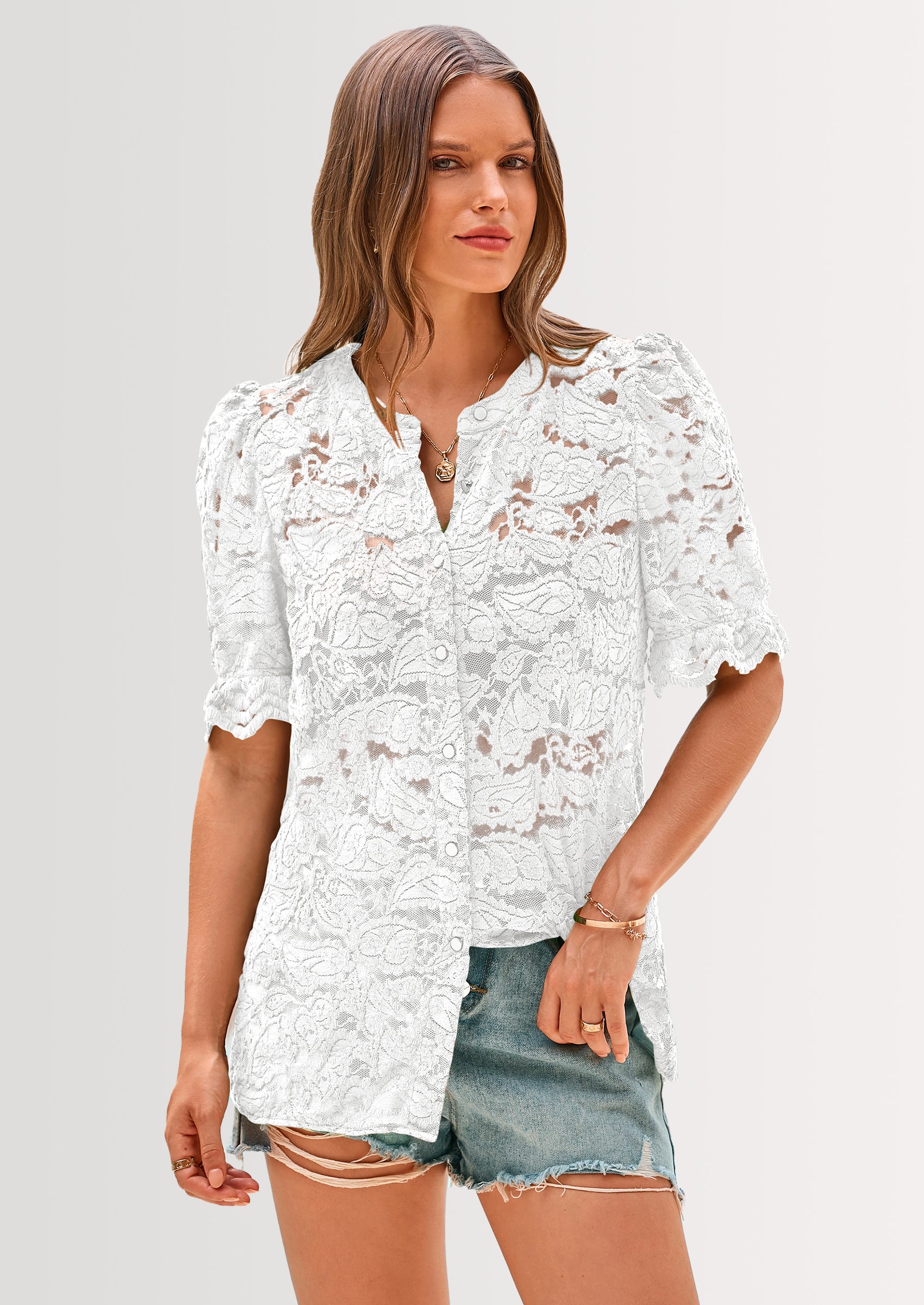 Womens Spring Lace Tops Short Puff Sleeve Casual Dressy Blouses Eyelet Crew Neck Button Down Shirts