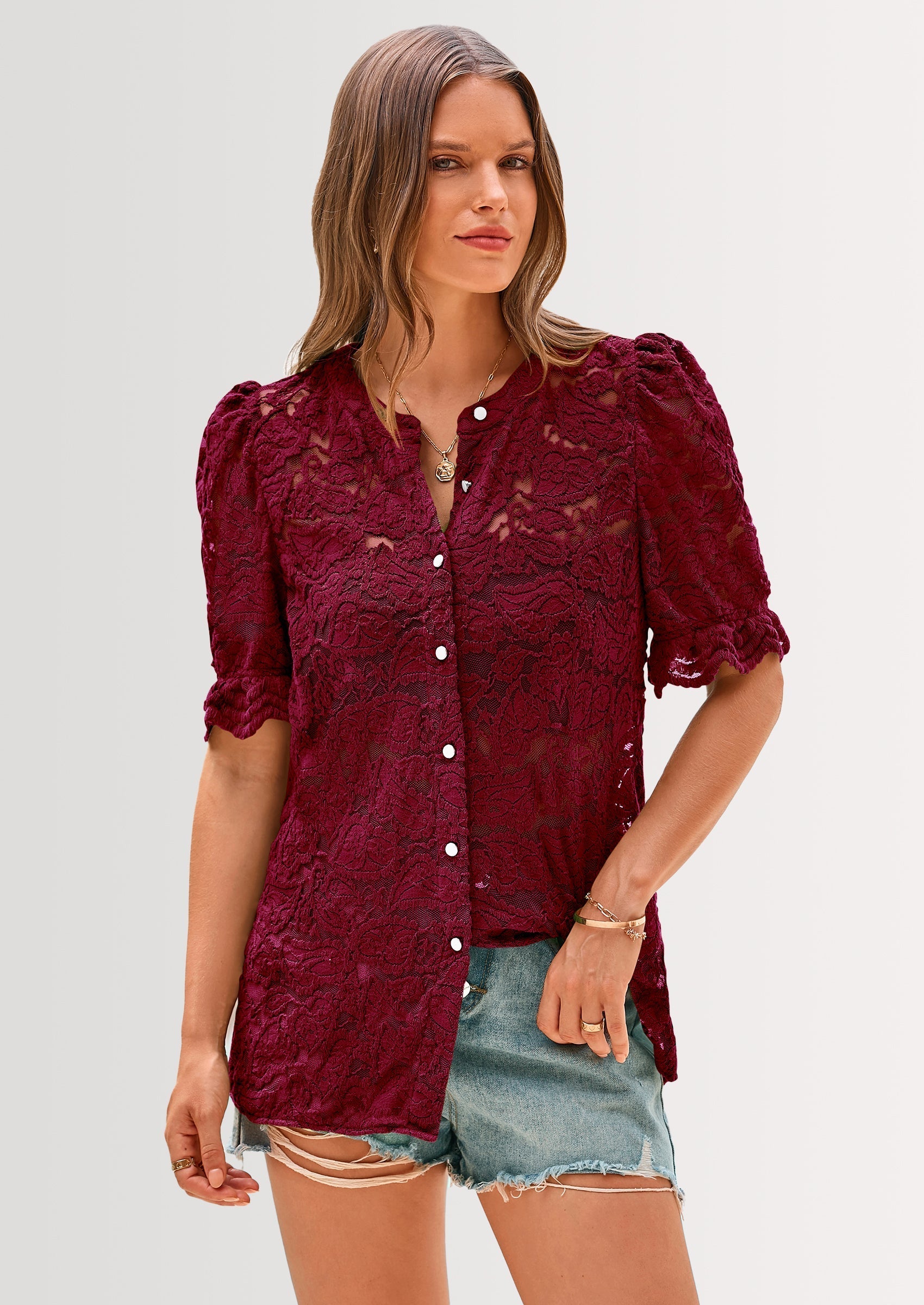 Womens Spring Lace Tops Short Puff Sleeve Casual Dressy Blouses Eyelet Crew Neck Button Down Shirts