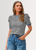 Women's Summer Puff Sleeve Tops Casual Ribbed Knit Crop Top Color Block Trendy Crewneck Striped Shirts