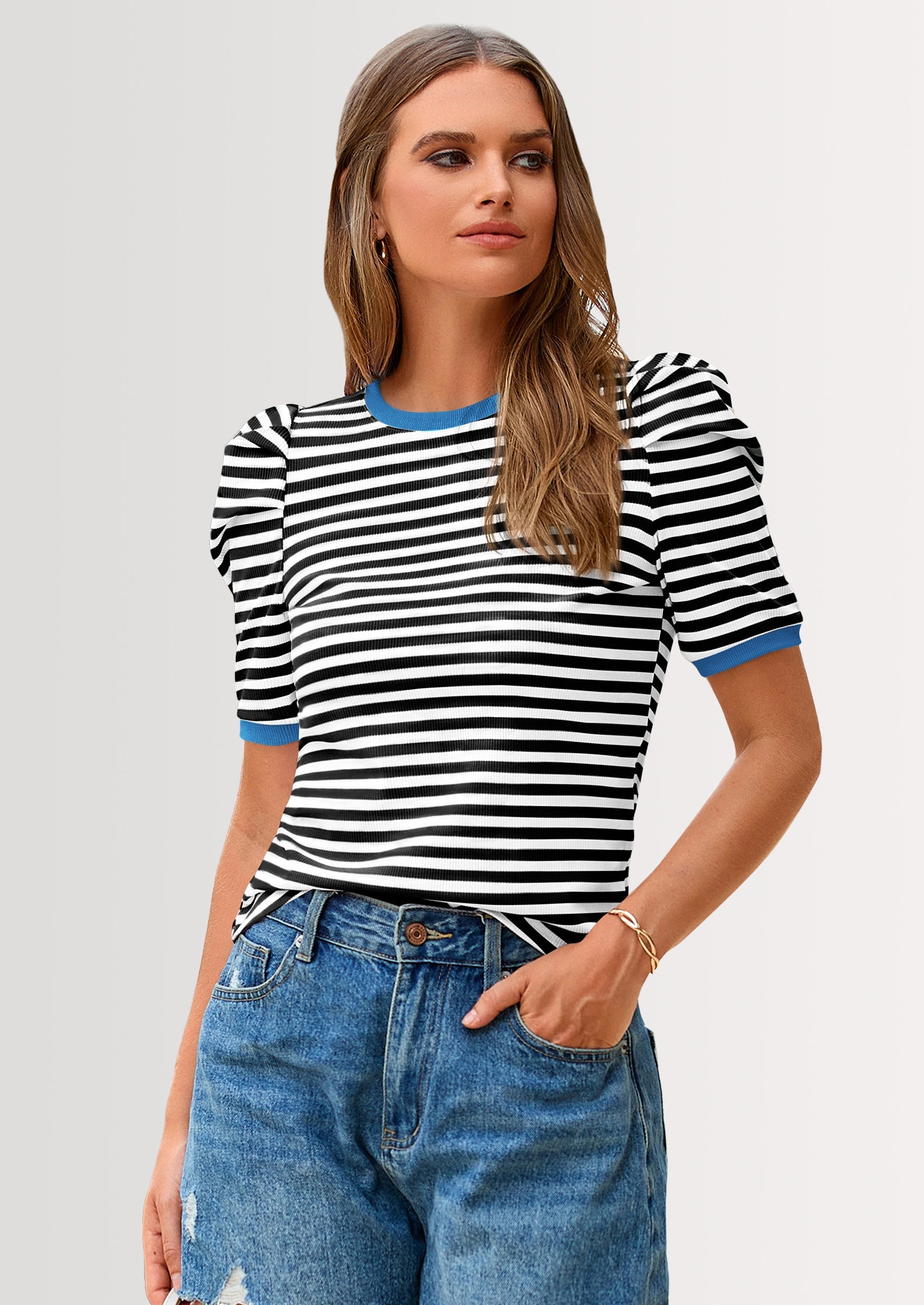 Women's Summer Puff Sleeve Tops Casual Ribbed Knit Crop Top Color Block Trendy Crewneck Striped Shirts
