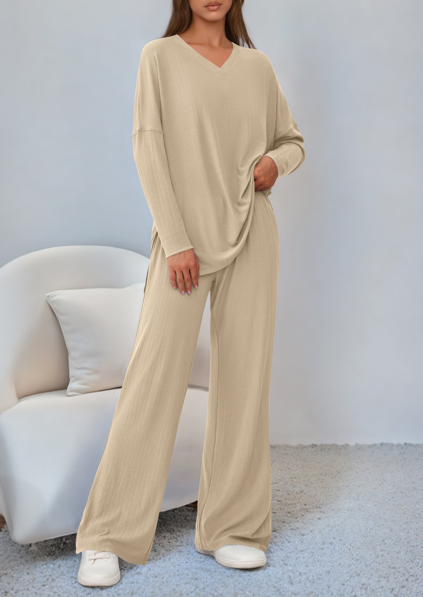 2 Piece Lounge Sets for Women Fall Outfits Casual Loose Long Sleeve Tops Wide Leg Pants Matching Pajama Set