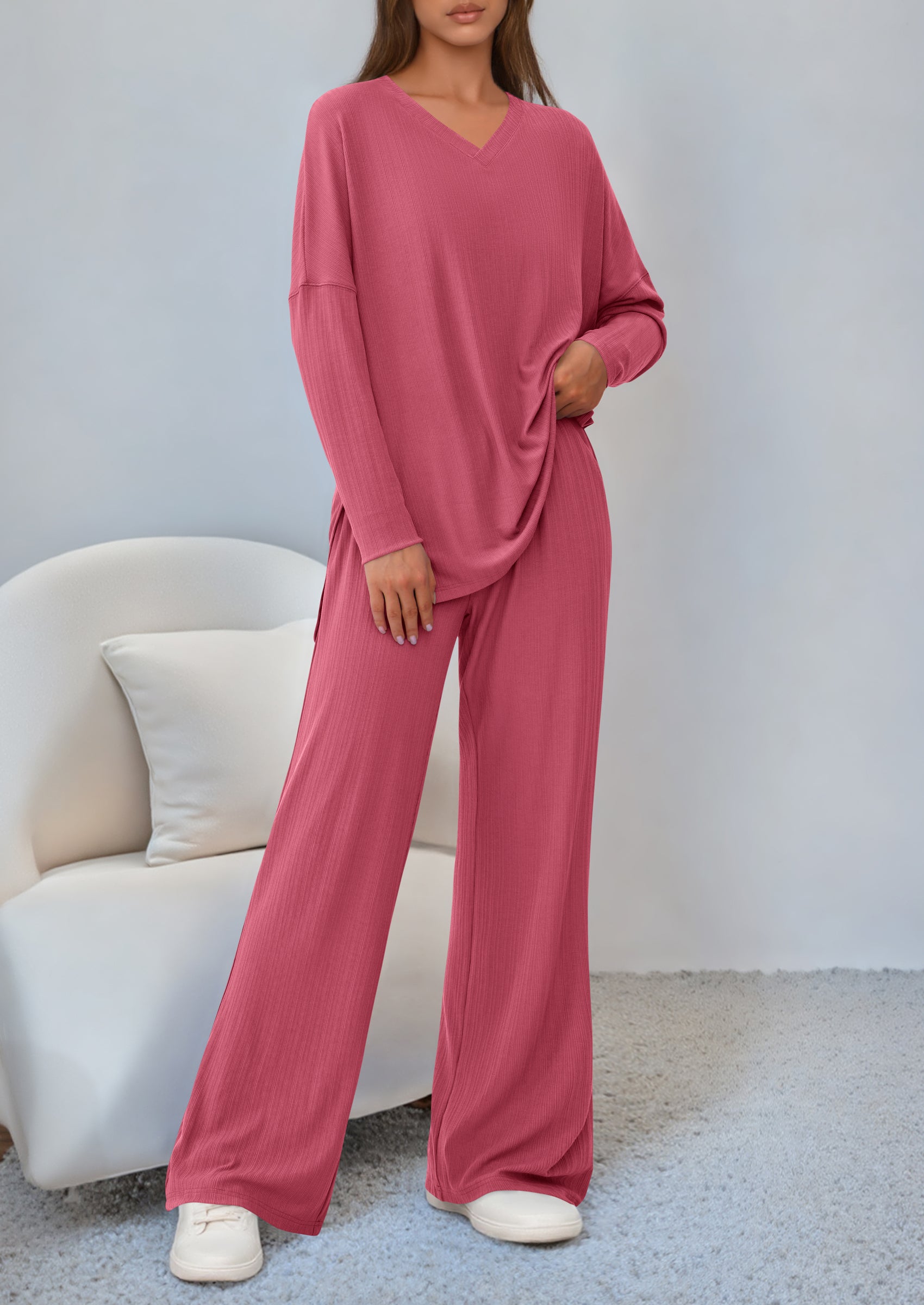 2 Piece Lounge Sets for Women Fall Outfits Casual Loose Long Sleeve Tops Wide Leg Pants Matching Pajama Set