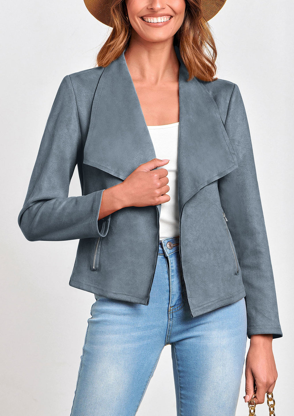 Women's Faux Suede Jackets Fashion Fall Clothes Long Sleeve Open Front Cropped Coat Outwear