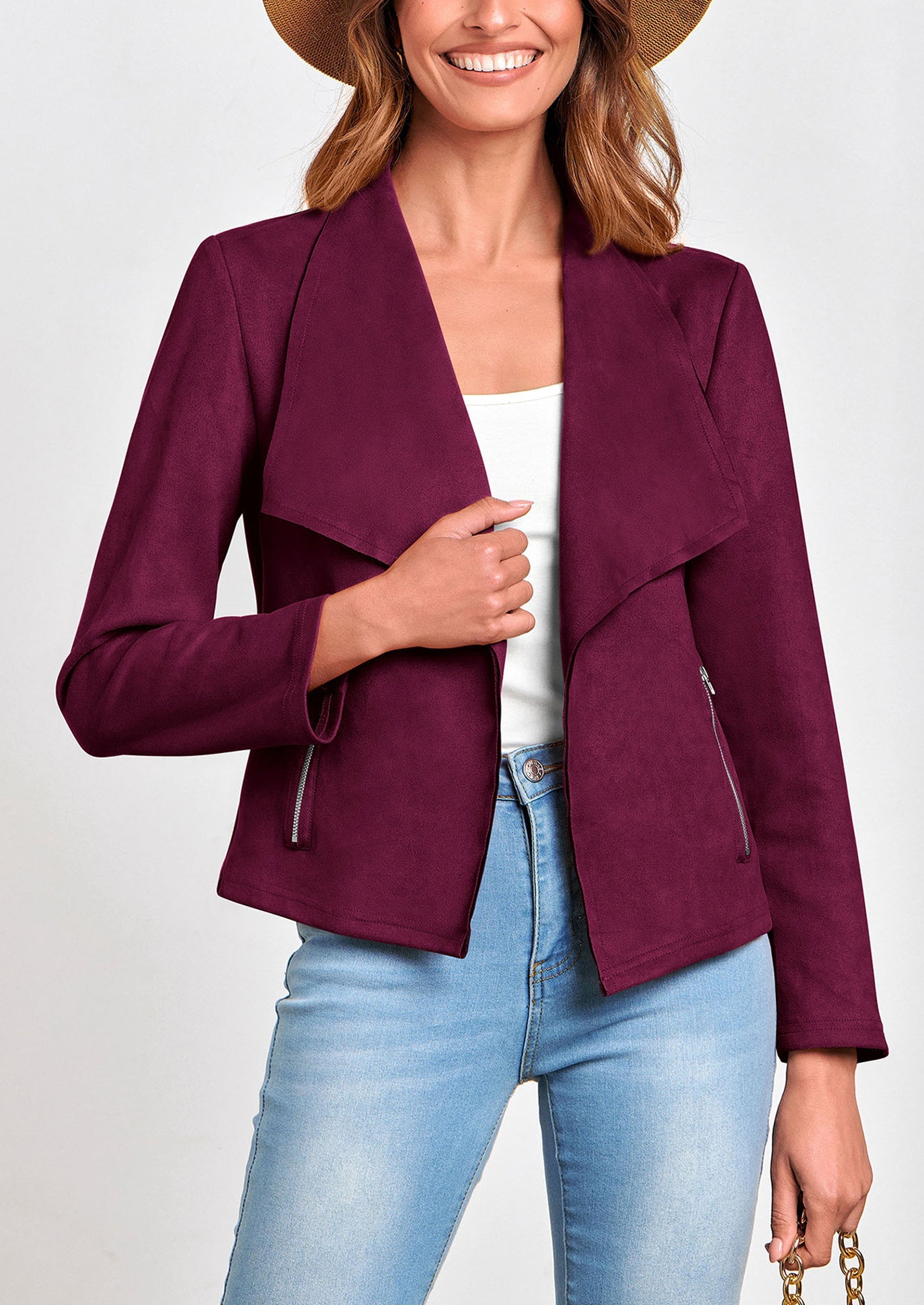 Women's Faux Suede Jackets Fashion Fall Clothes Long Sleeve Open Front Cropped Coat Outwear