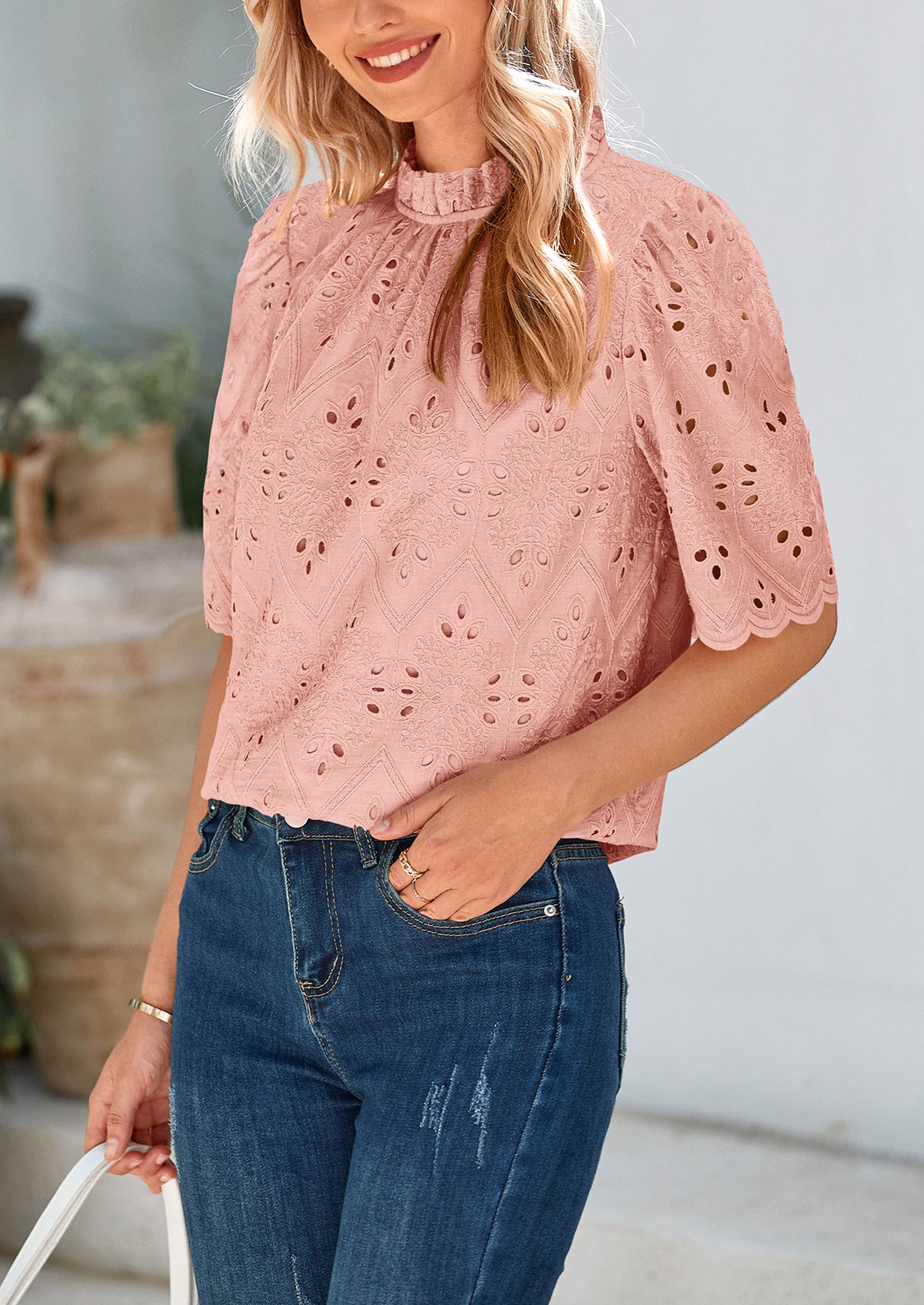 Womens Summer Tops Trendy Short Sleeve Eyelet Embroidered Dressy Casual Blouse Shirts