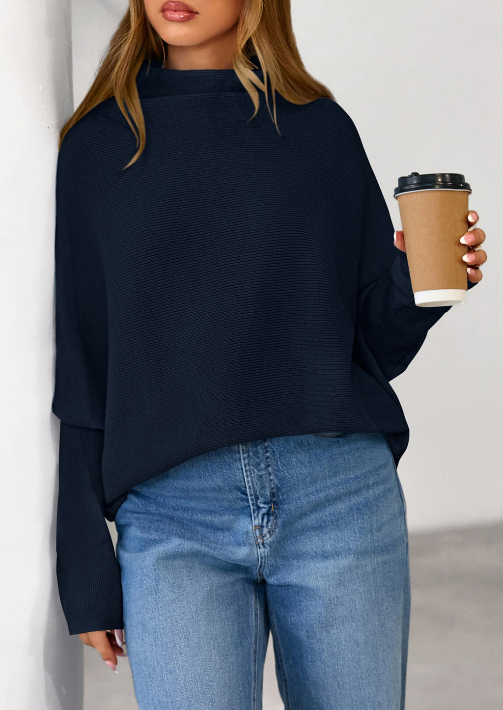 Womens Sweaters Fall Fashion Casual Loose Turtleneck Batwing Long Sleeve Knit Sweater Pullover Tops