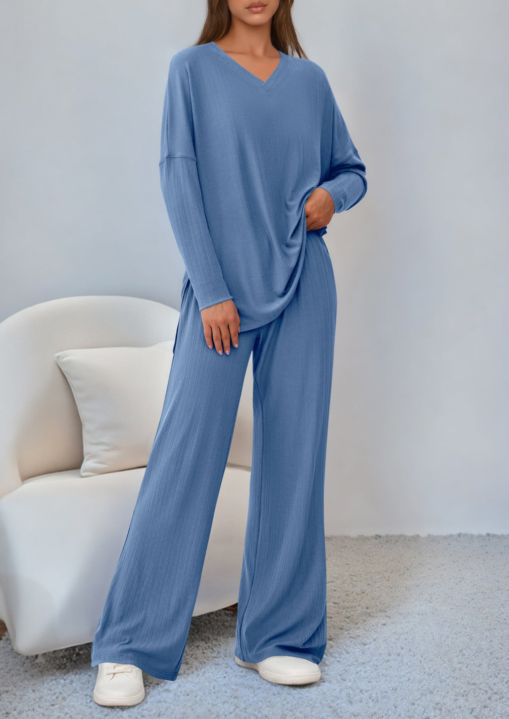 2 Piece Lounge Sets for Women Fall Outfits Casual Loose Long Sleeve Tops Wide Leg Pants Matching Pajama Set